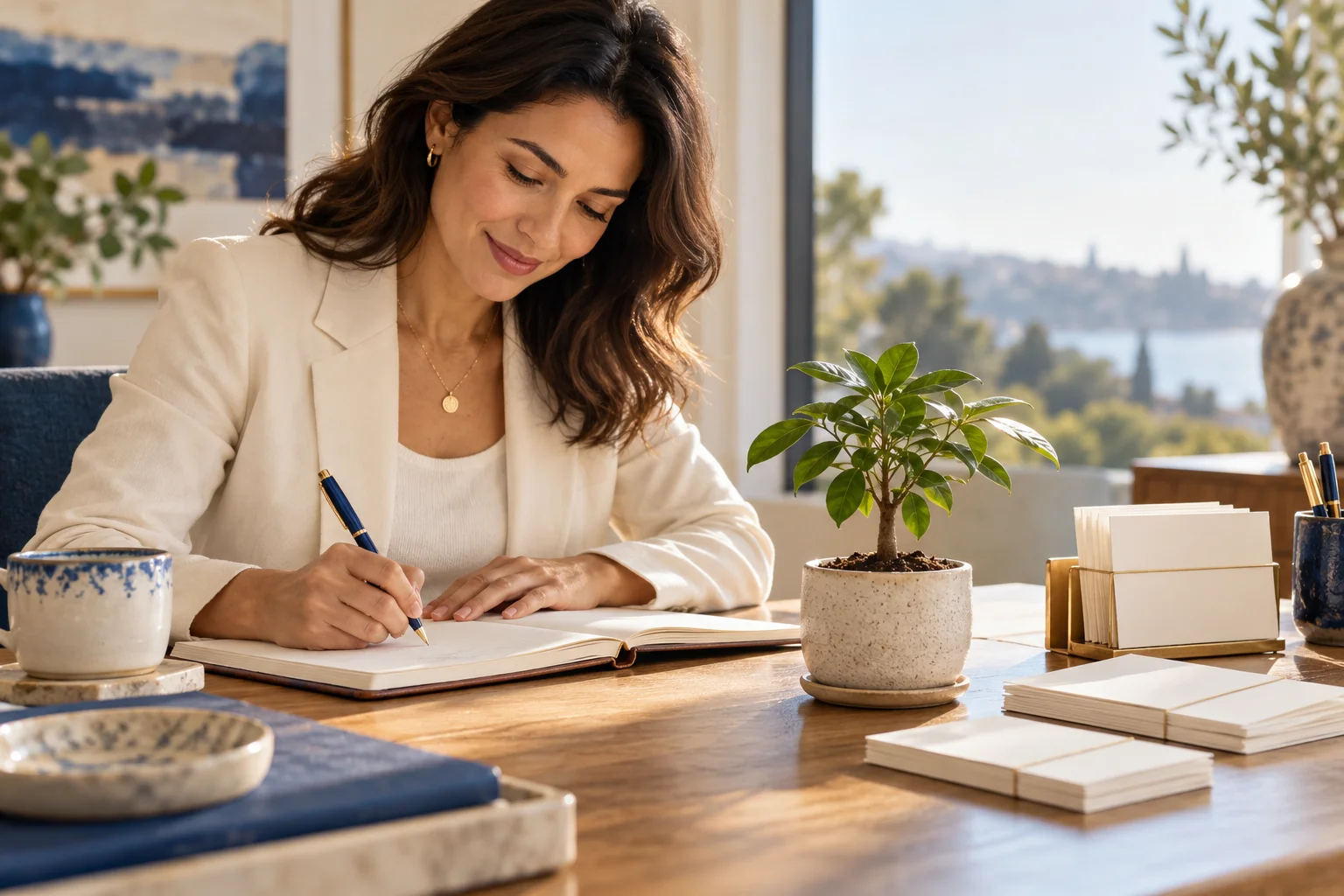 Illustrative scene: Adviser making notes beside correspondence cards and a growing plant.
