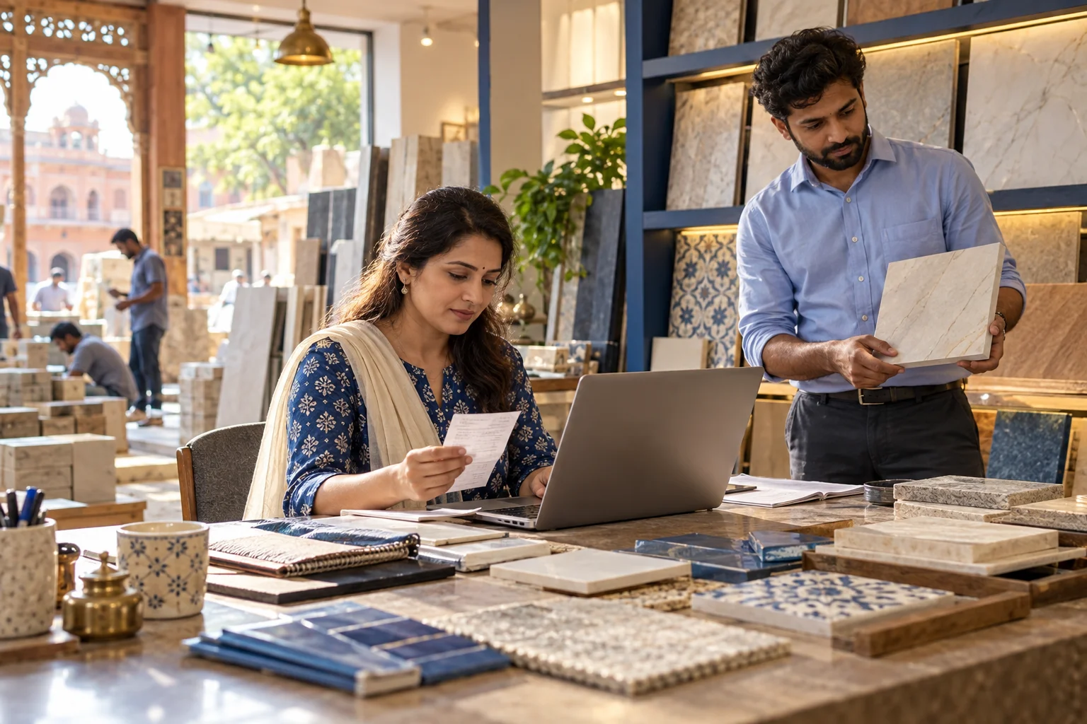 Illustrative renovation business team reviewing an enquiry in a Jaipur showroom.