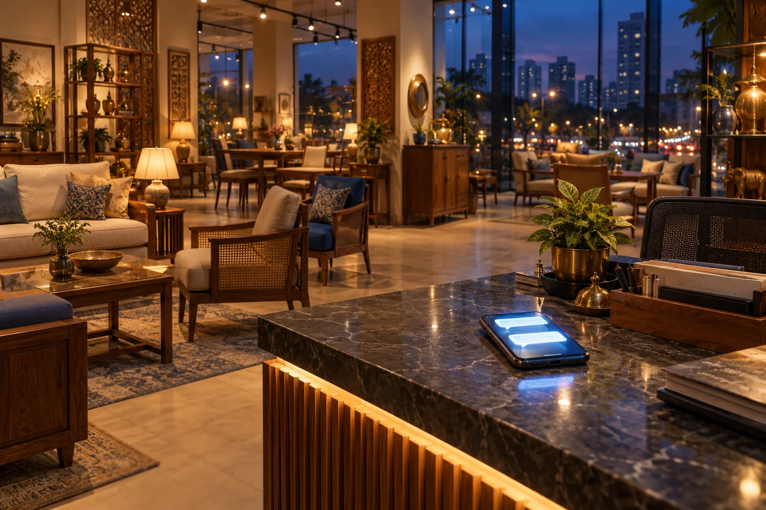 Illustrative furniture showroom at dusk with an enquiry notification on a reception phone.