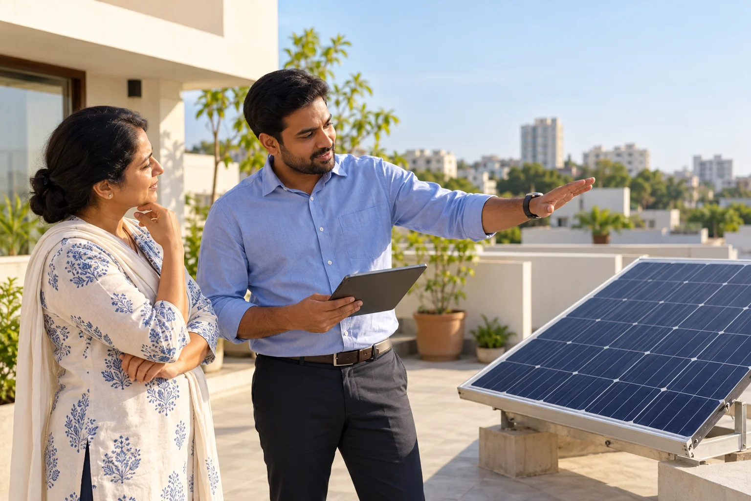 Illustrative scene: Solar consultant discussing a roof survey with a property owner.