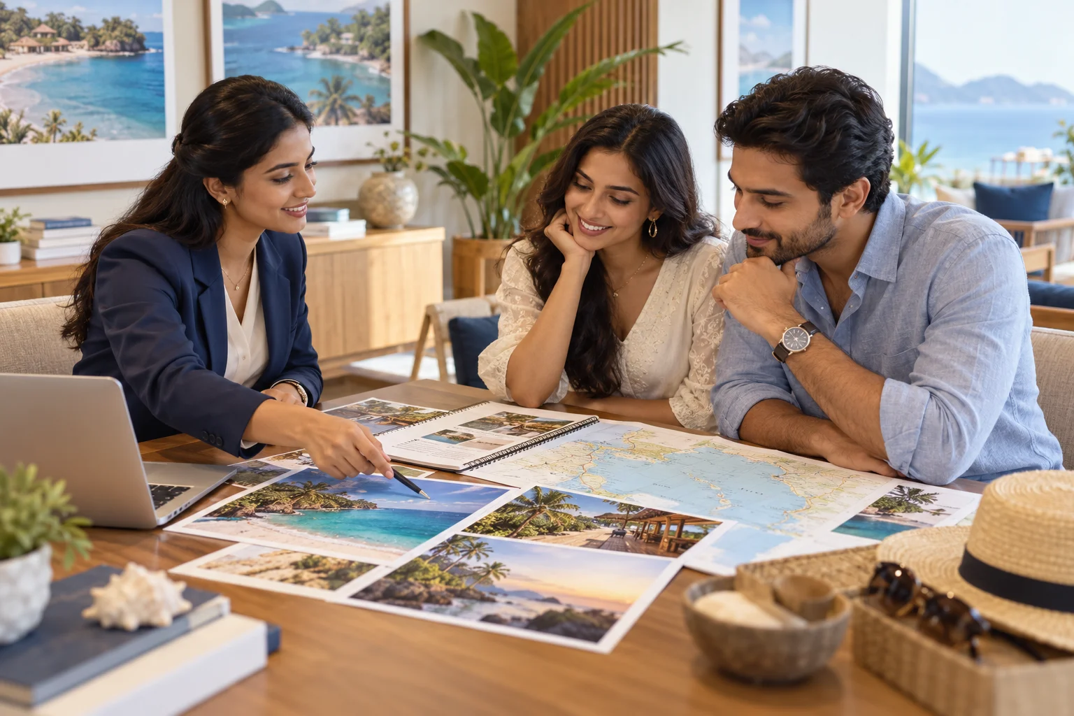 Illustrative scene: Travel adviser discussing holiday plans with a couple.