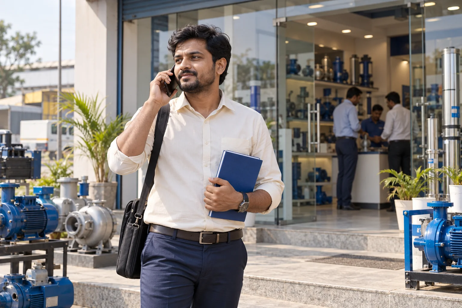 Illustrative field sales representative using a smartphone outside an equipment showroom.