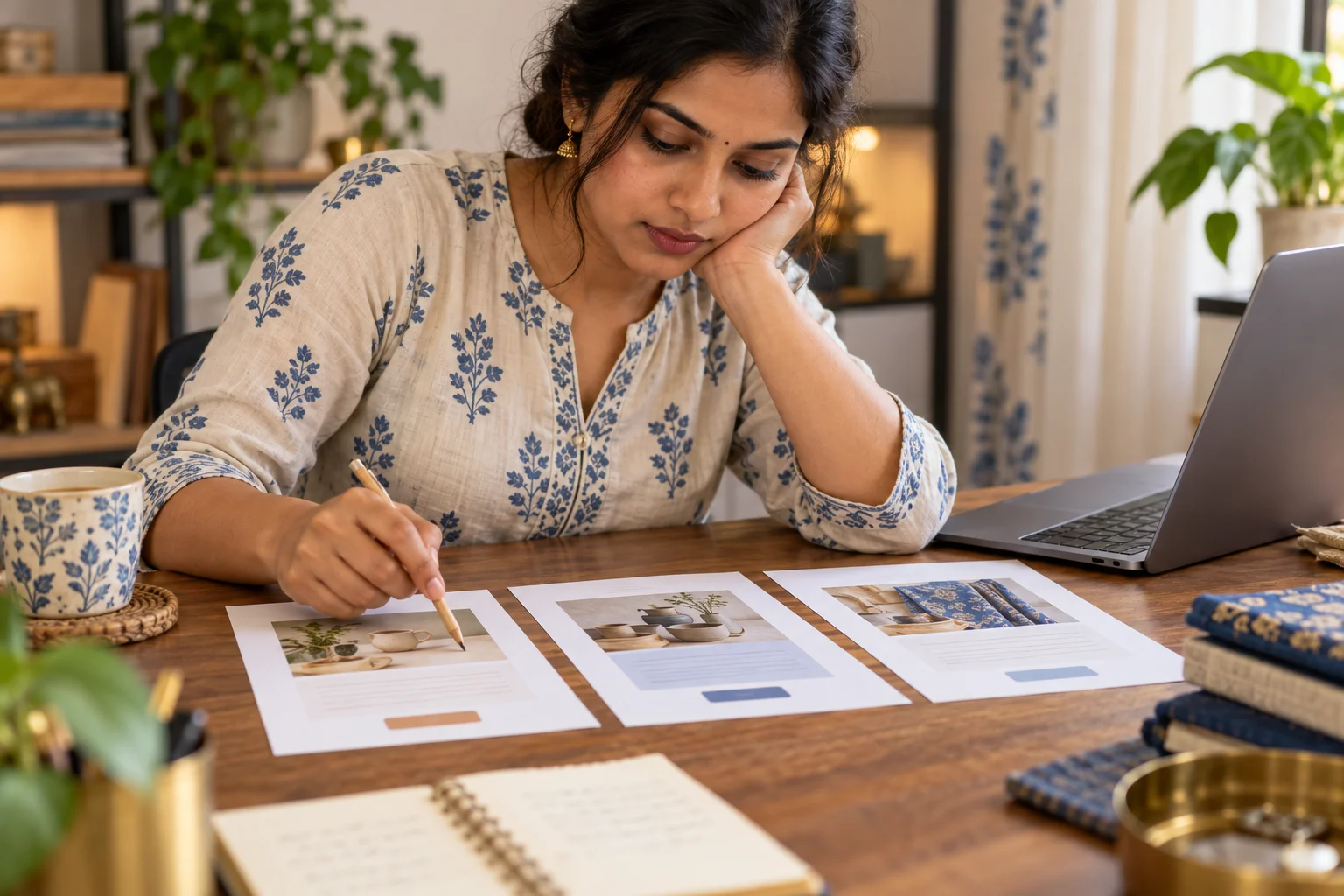 Illustrative operations specialist reviewing printed message drafts beside a laptop.