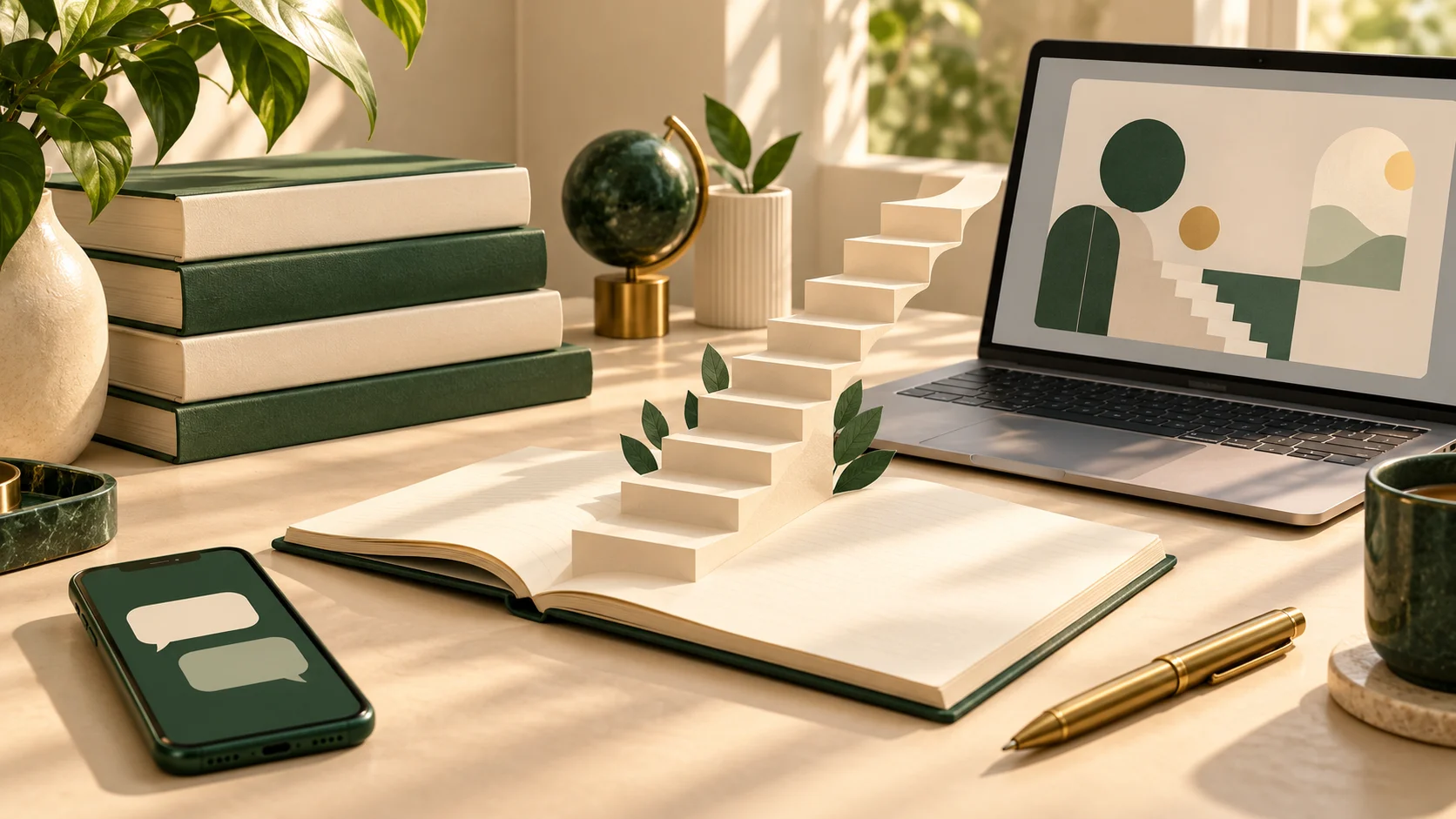 Illustration of course books, a notebook with paper steps, a laptop and a chat phone in a warm study setting.