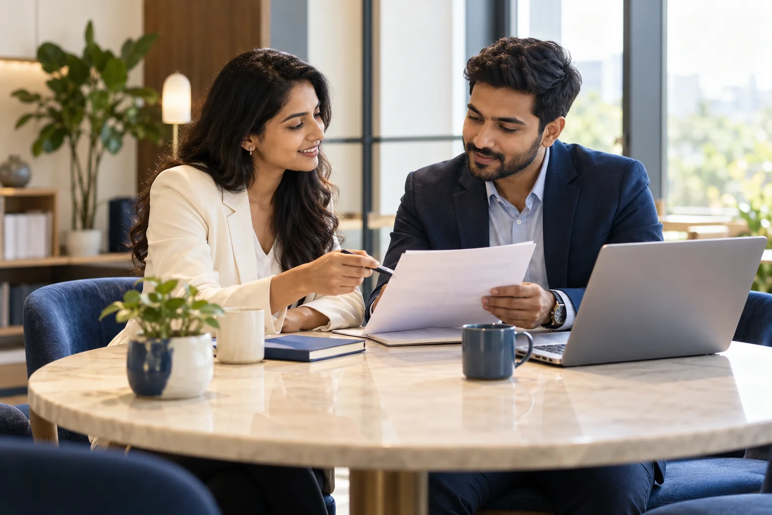 Illustrative scene: Sales and marketing colleagues agreeing on a customer brief.