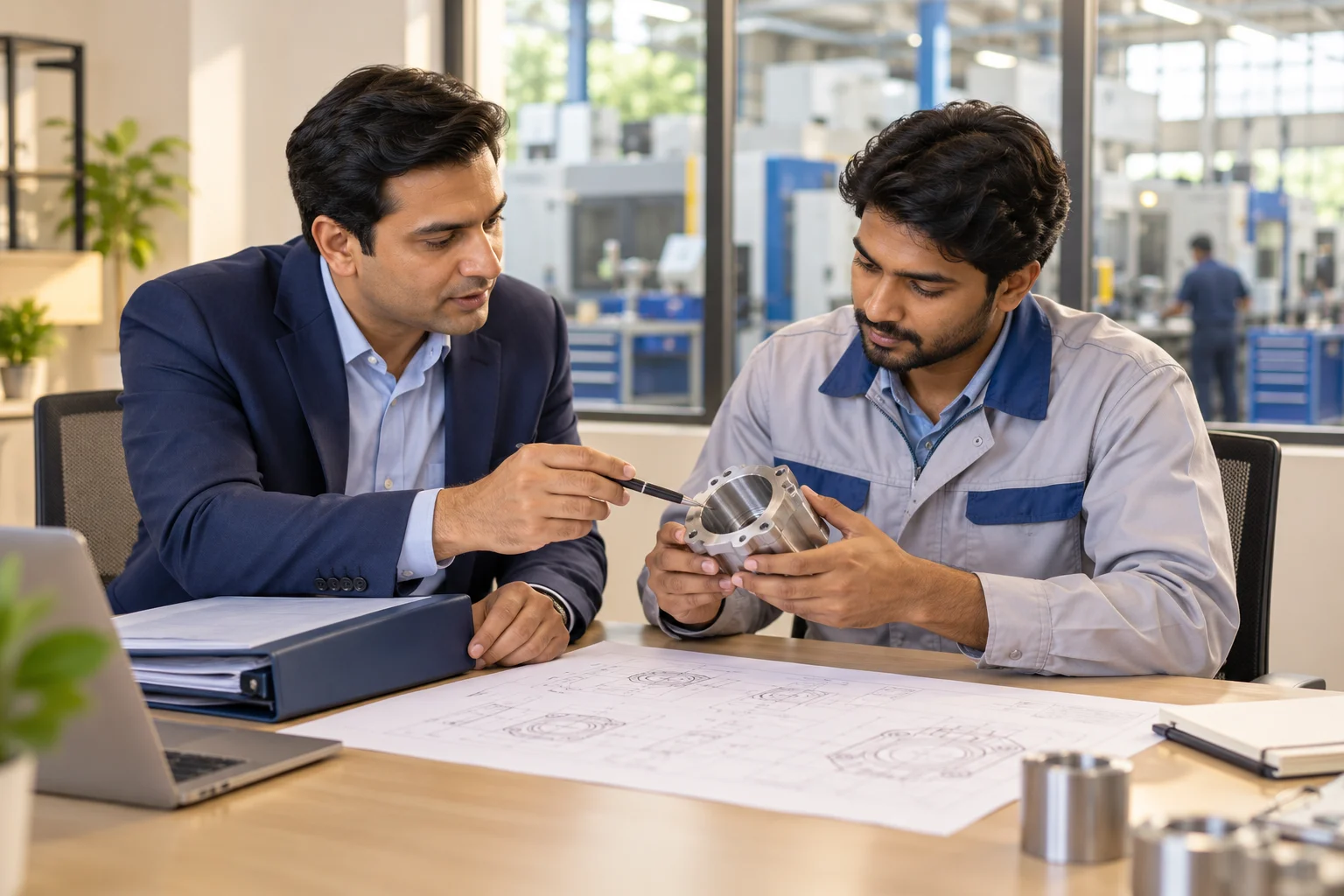 Illustrative scene: Industrial salesperson and engineer reviewing a component and drawing.