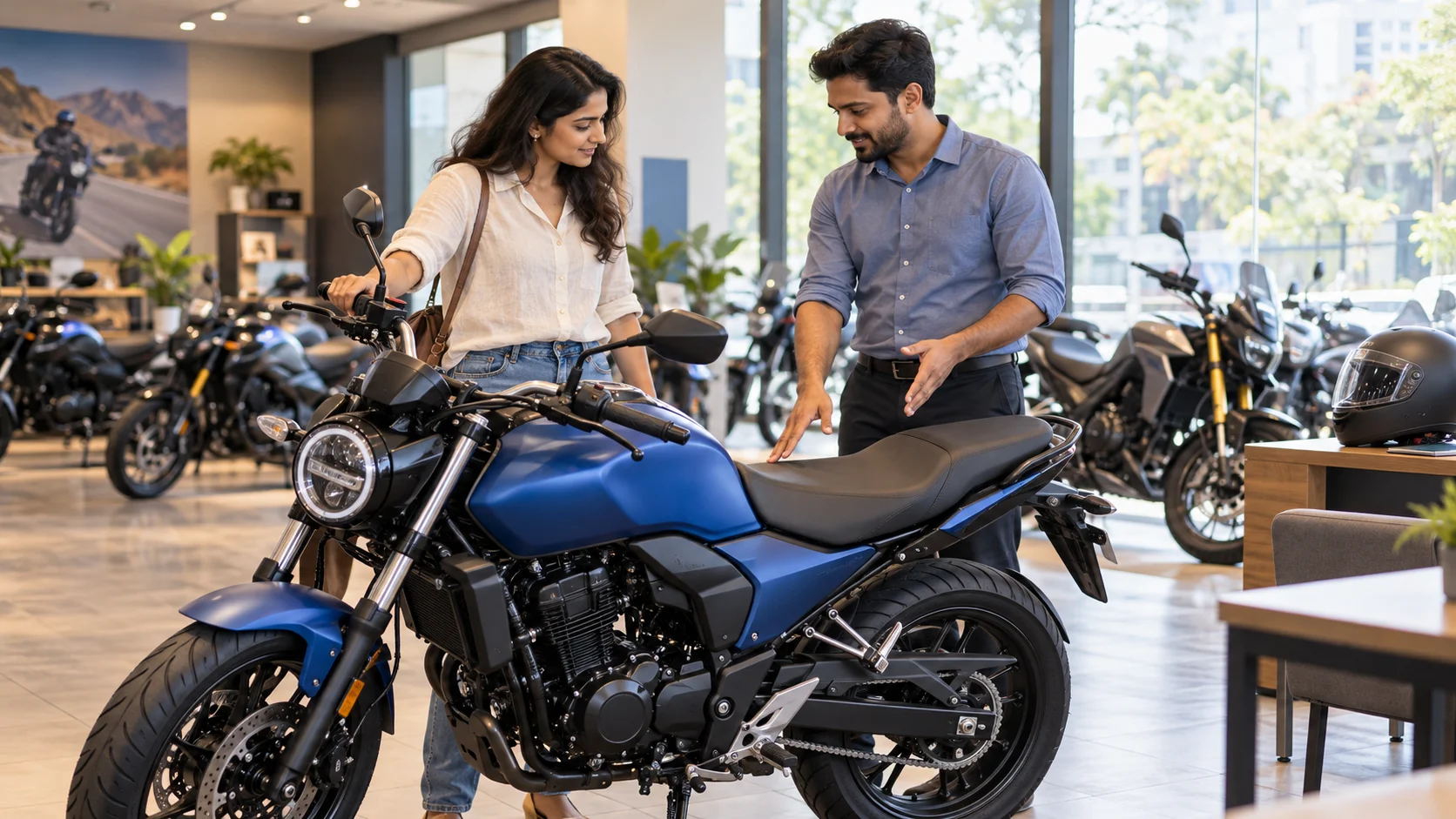 Illustrative scene of an Indian customer and dealership advisor discussing a blue motorcycle in a bright showroom.