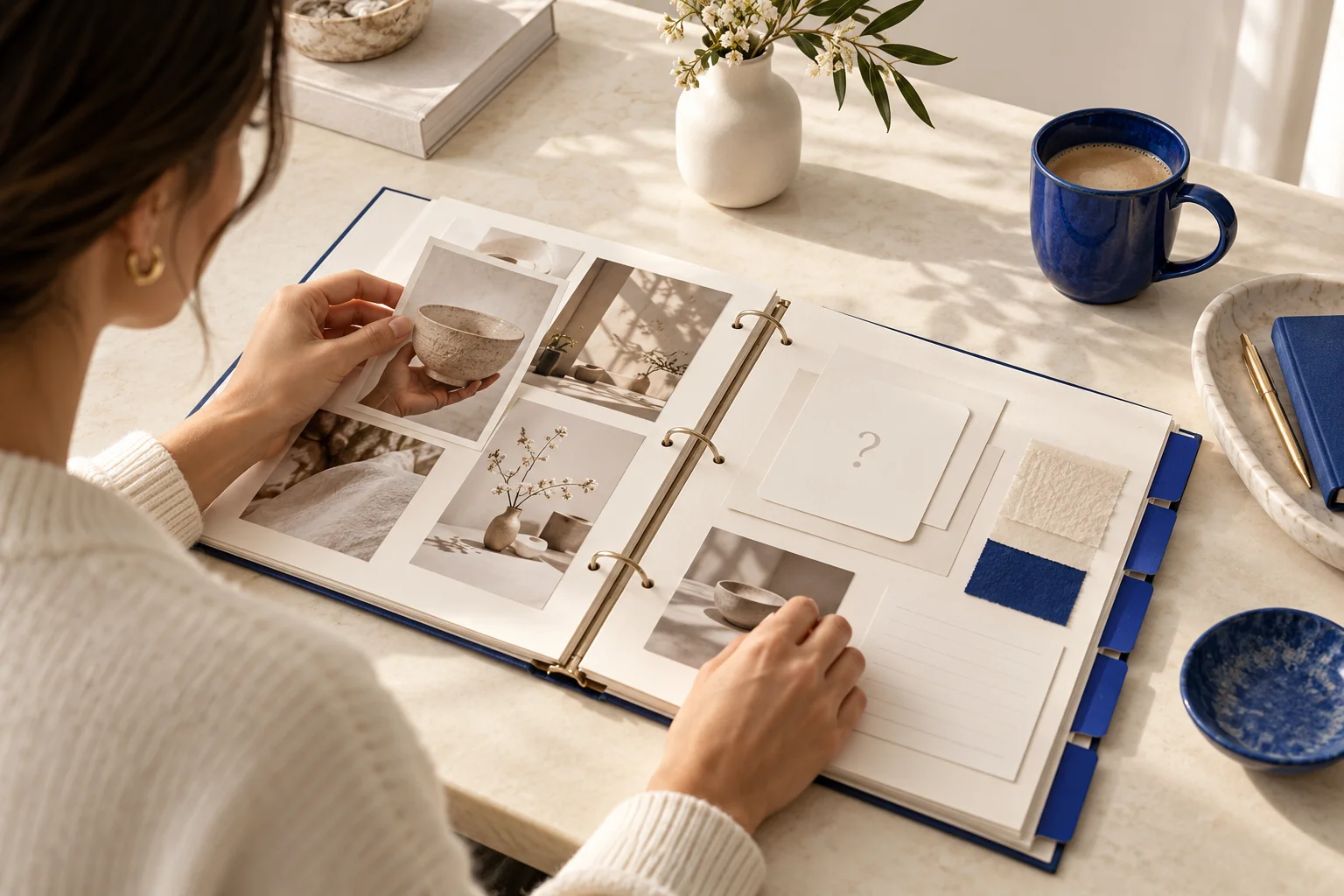 Illustrative scene: Business knowledge binder with product photos and question cards.