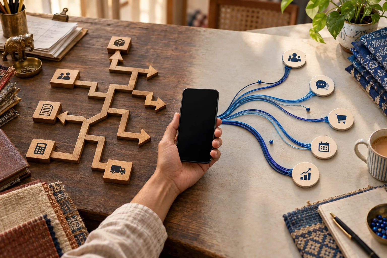 Conceptual illustration of branching paths and conversational blue threads beside a phone.