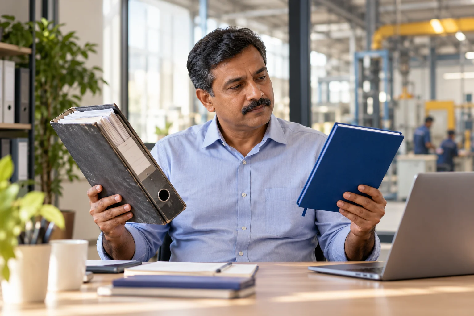 Illustrative operations manager comparing a familiar binder with a new workflow notebook.