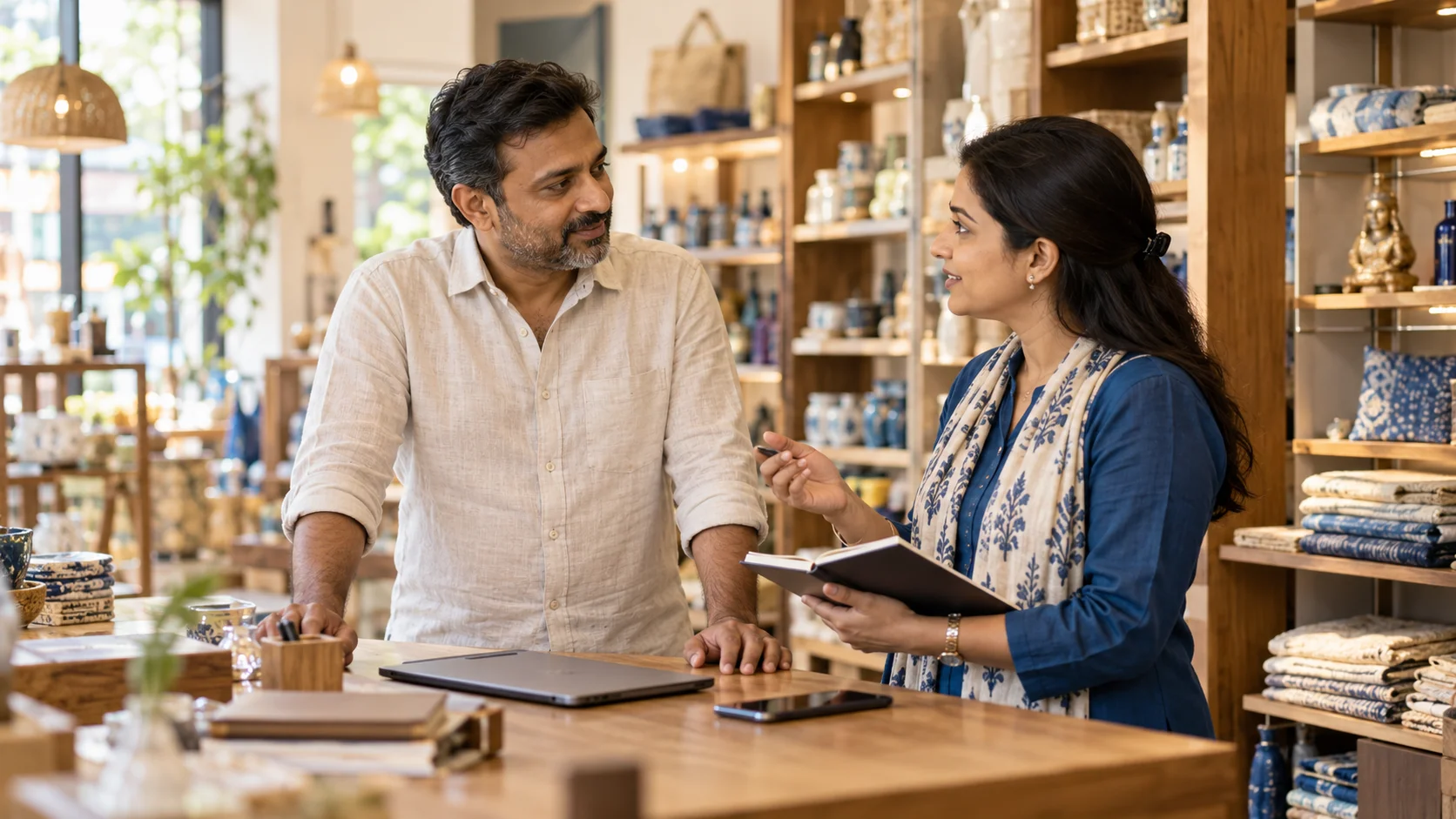 Illustrative scene of an Indian shop owner discussing sales organization with an operations colleague.