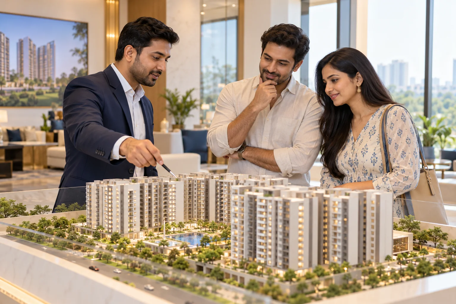 Illustrative scene: Property adviser discussing an apartment model with prospective buyers.