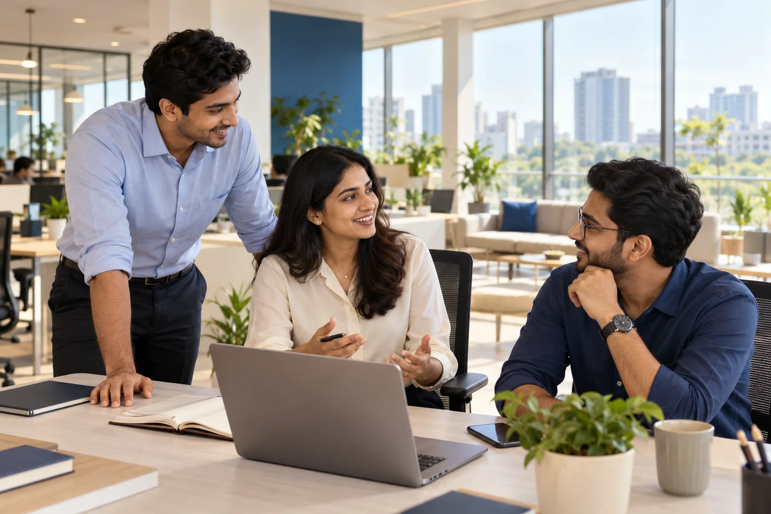 Illustrative scene: Three sales colleagues collaborating in a bright office.