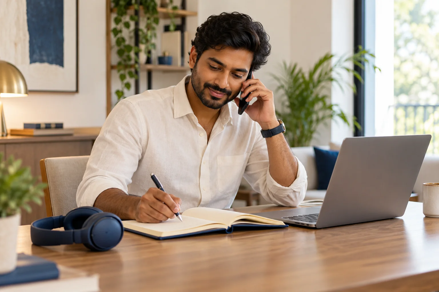 Illustrative scene: Adviser using a phone beside a laptop and customer notebook.