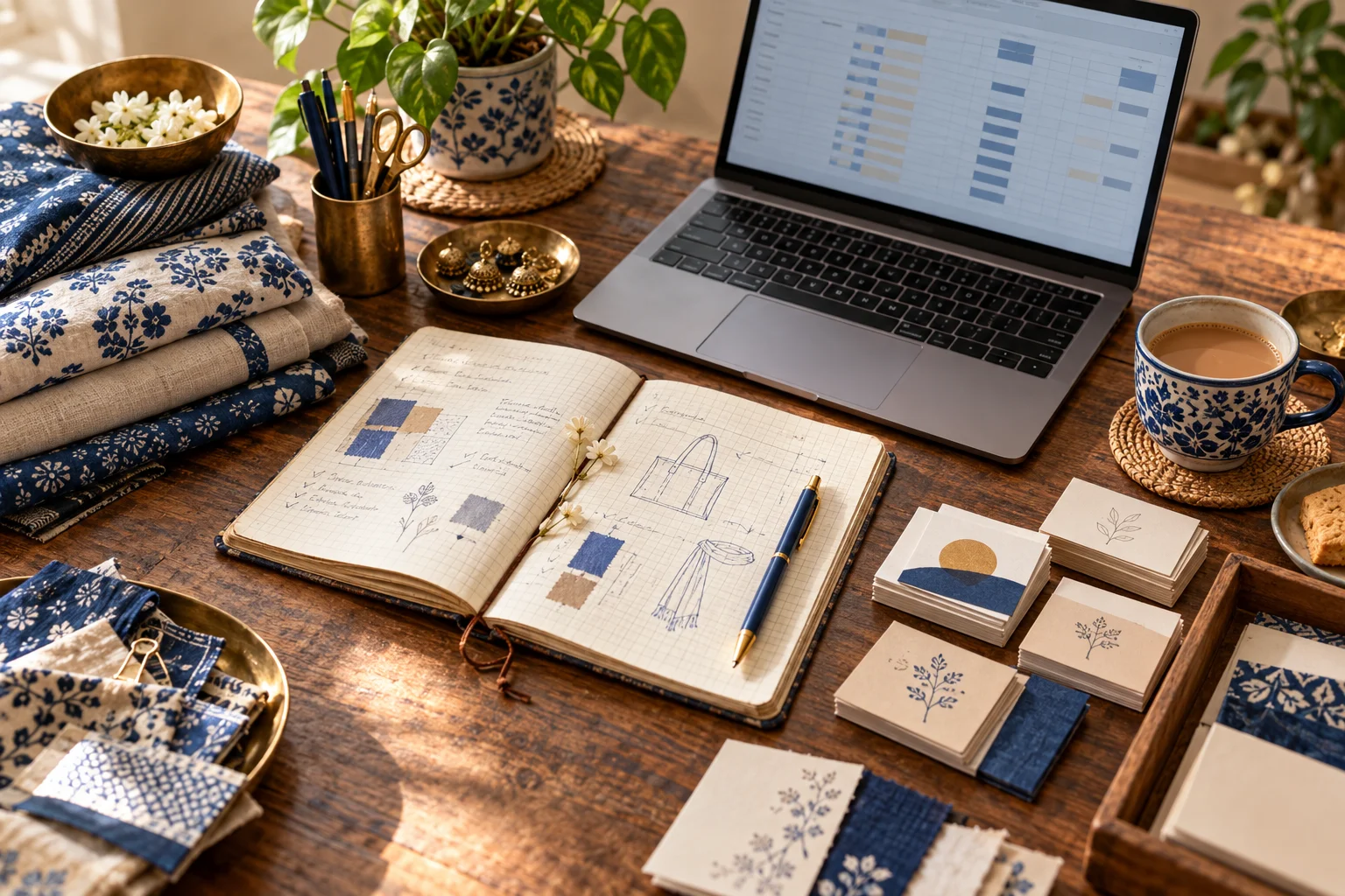Illustrative desk with a customer notebook, contact cards and a laptop spreadsheet.