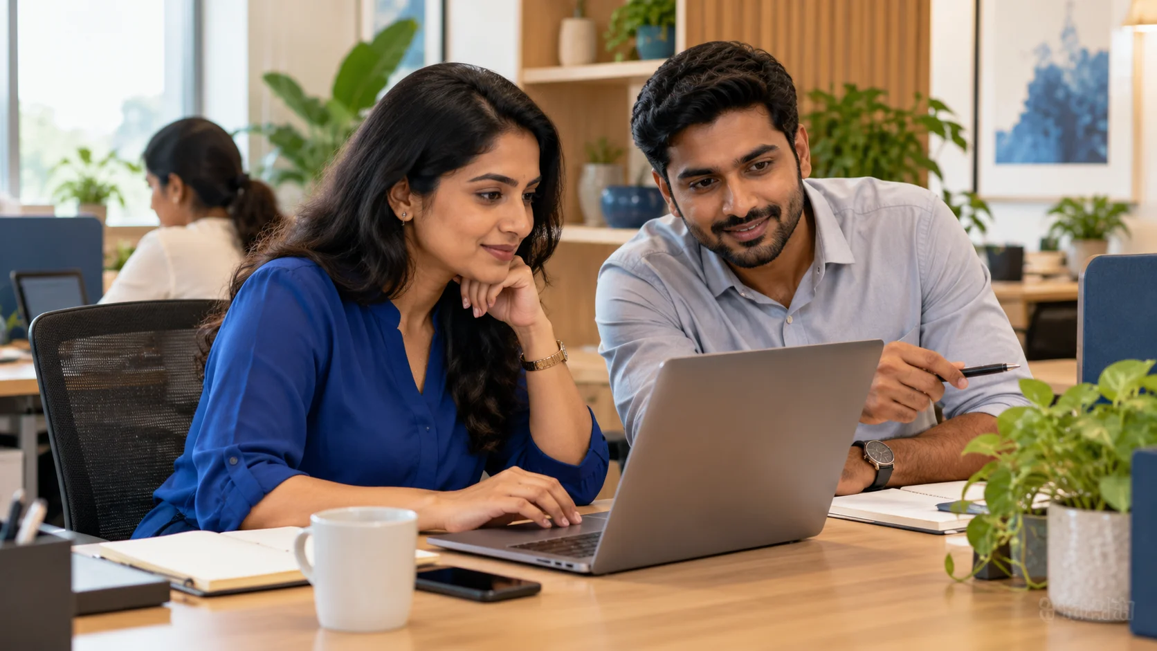Illustrative scene of two Indian operations colleagues checking an enquiry at their workstation.