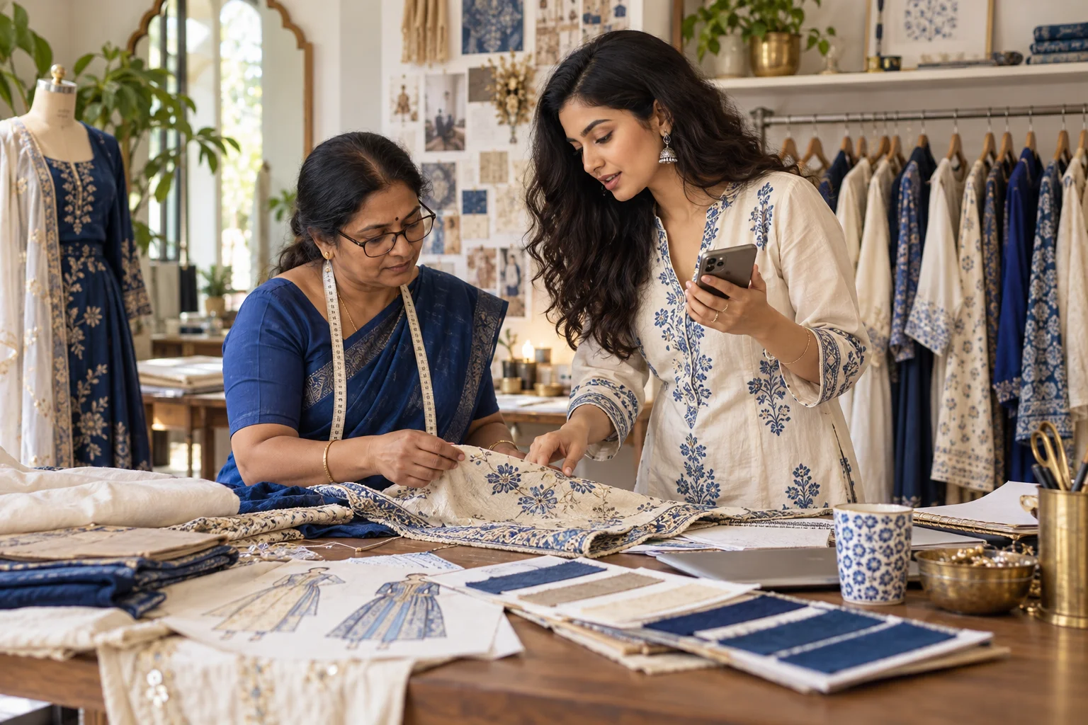 Illustrative boutique owner discussing a phone enquiry with a tailor in a clothing studio.