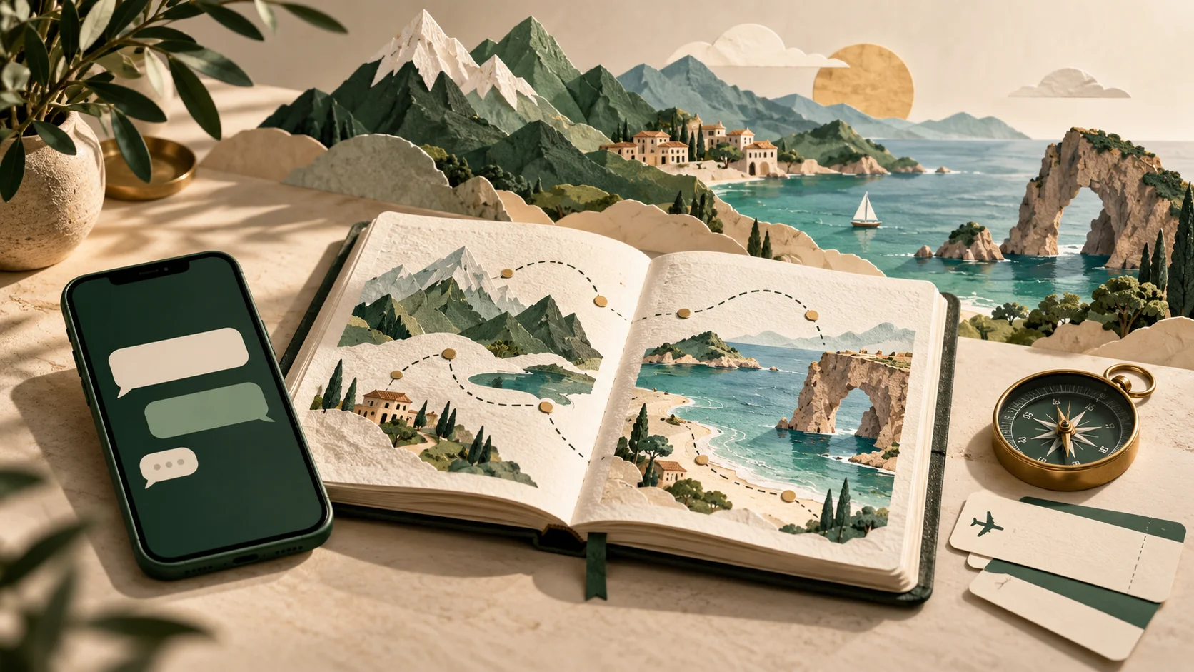 Illustration of a travel notebook, chat phone and compass beside a paper landscape of mountains and sea.
