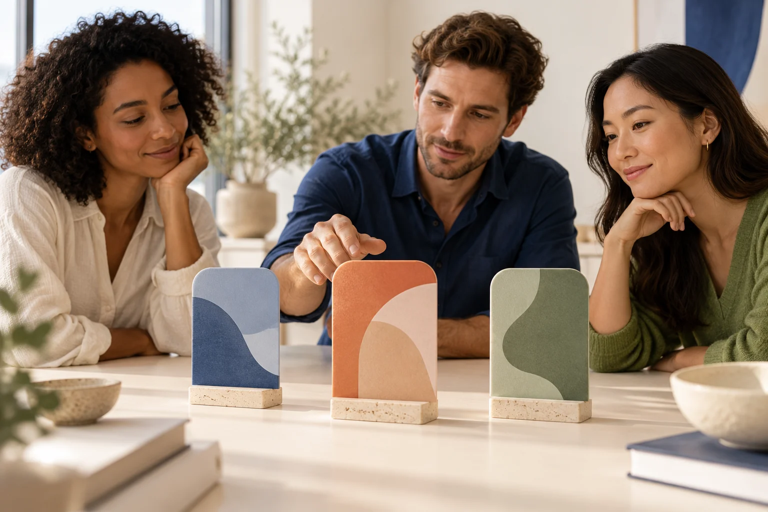 Conceptual three-way software comparison with distinct cards on a light tabletop.