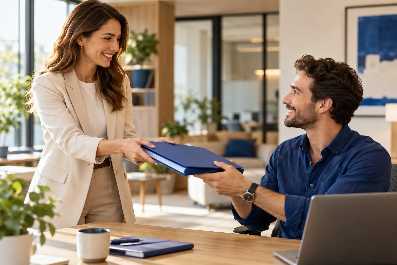 Illustrative scene: Sales colleague handing a client folder to an onboarding colleague.