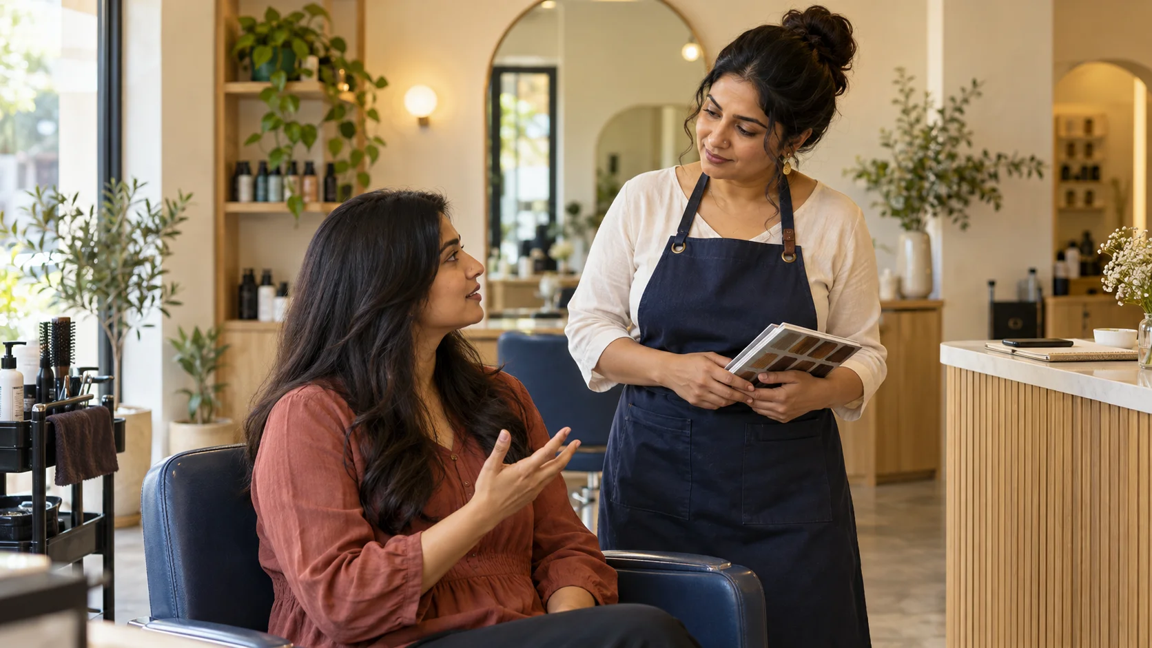 Illustrative scene of an Indian salon stylist discussing preferences with a seated client before an appointment.