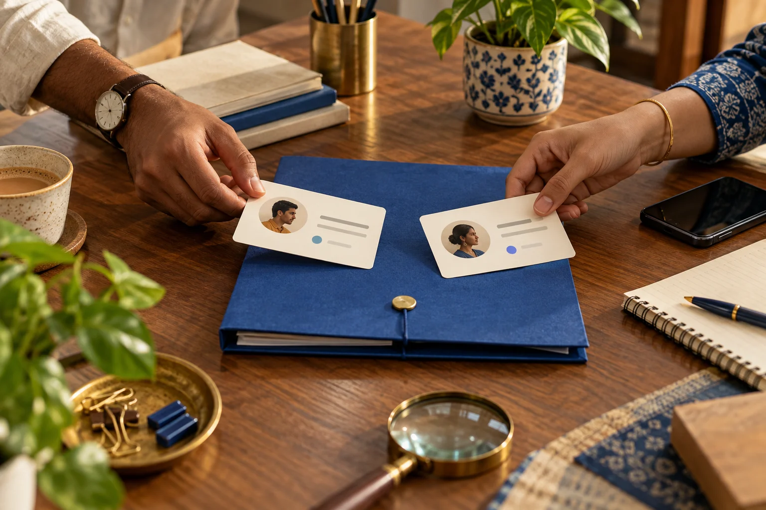 Illustrative customer cards being compared over a blue folder on a wooden desk.