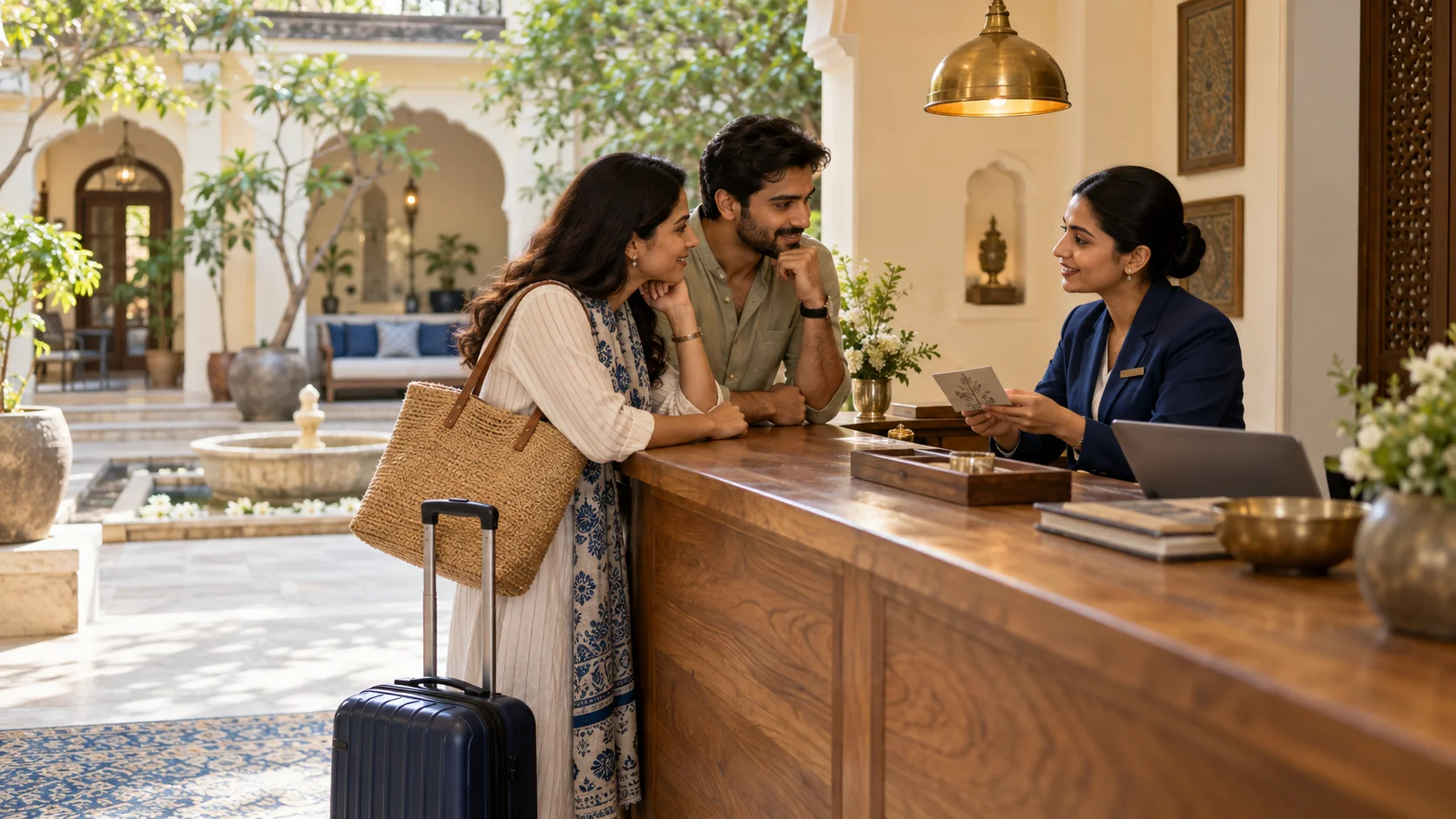 Illustrative scene of an Indian reservations manager discussing a stay with two guests at a sunlit boutique hotel reception.