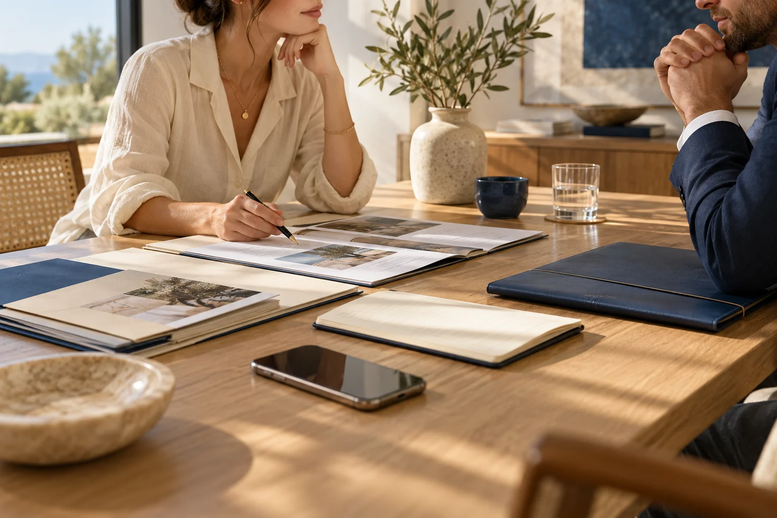 Illustrative scene: Customer folders and a phone arranged on an oak meeting table.