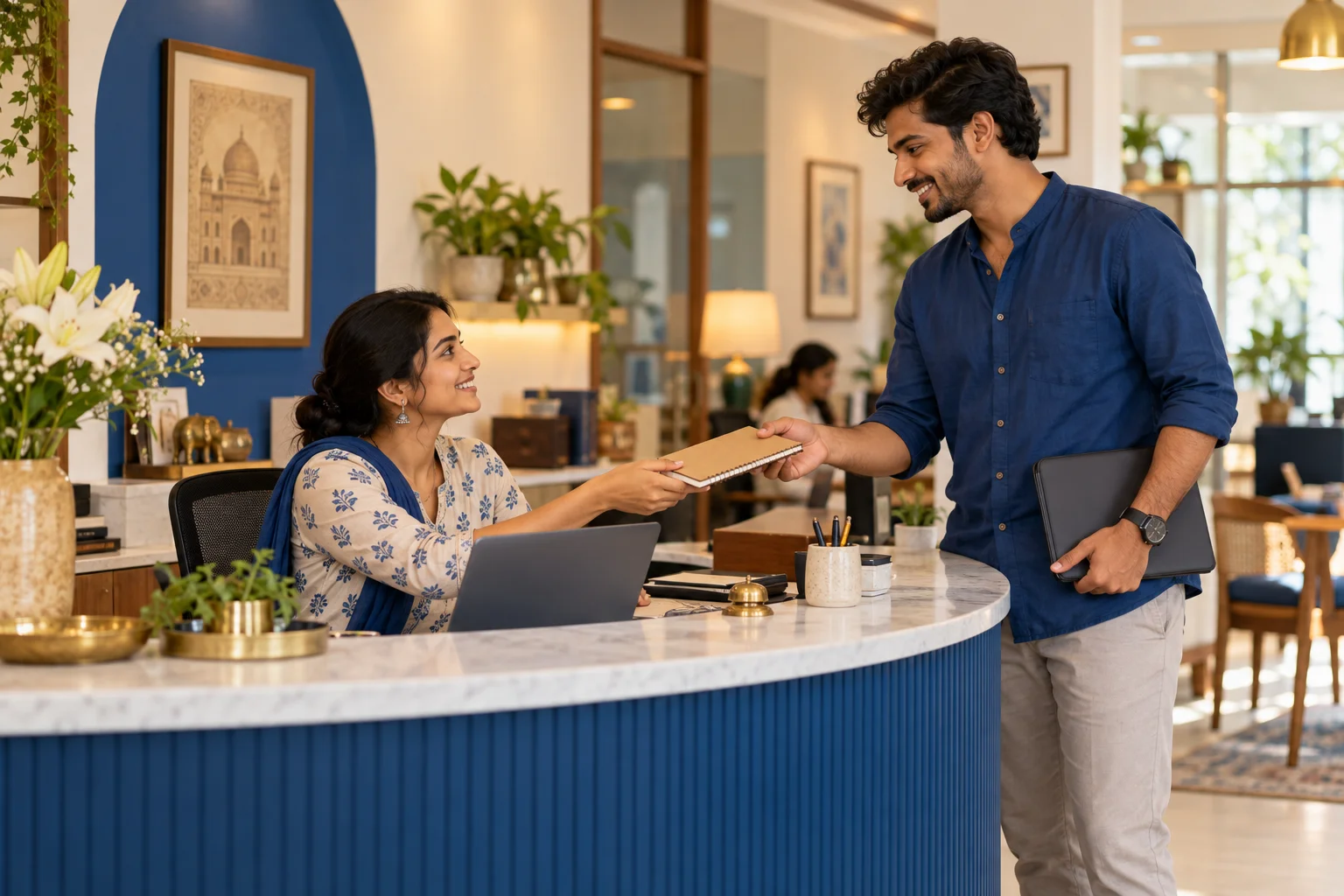 Illustrative service colleagues sharing a customer notebook at a reception desk.