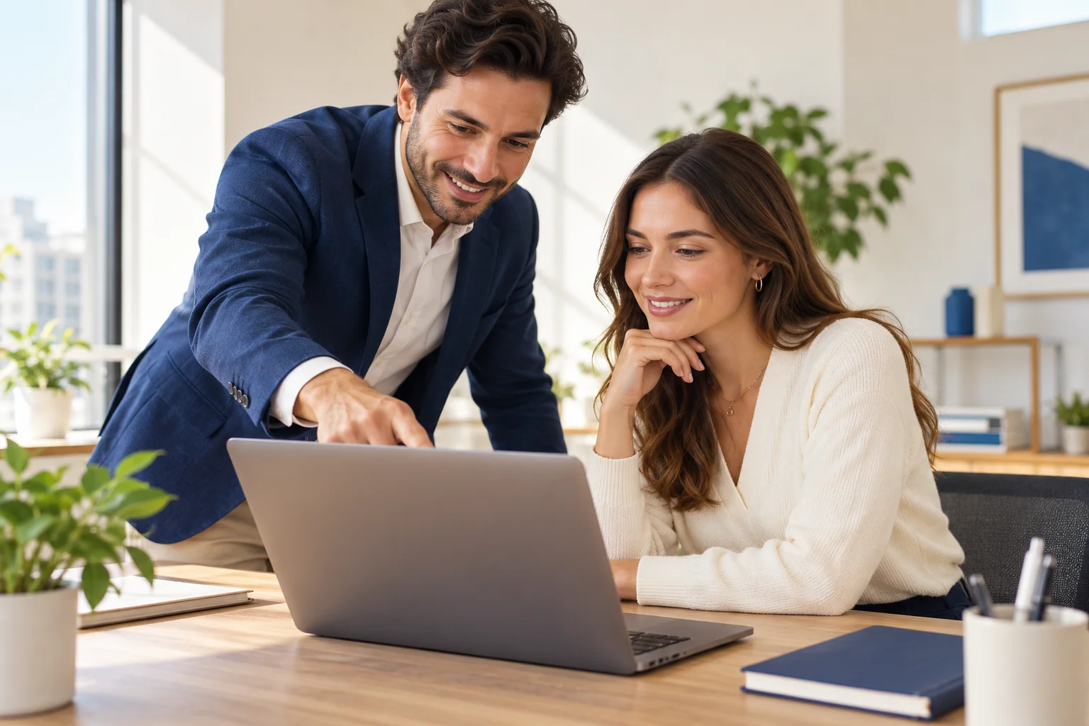 Illustrative scene: Sales colleague demonstrating a laptop task to a teammate.