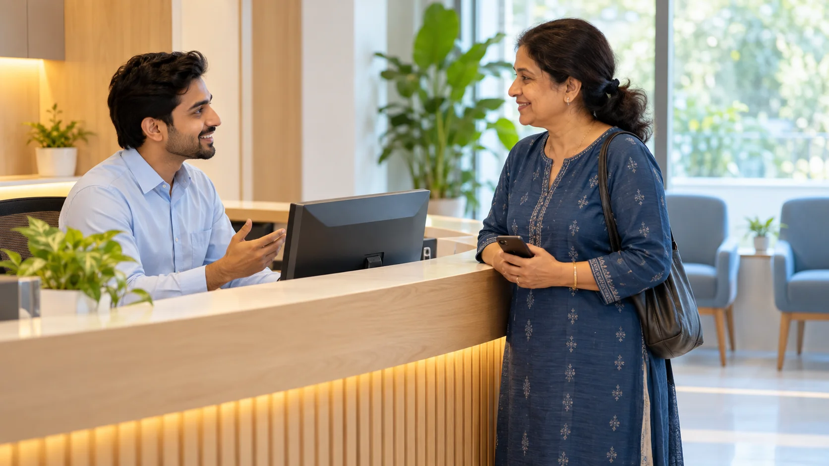 Illustrative scene of an Indian clinic receptionist speaking with a visitor at a calm, modern front desk.