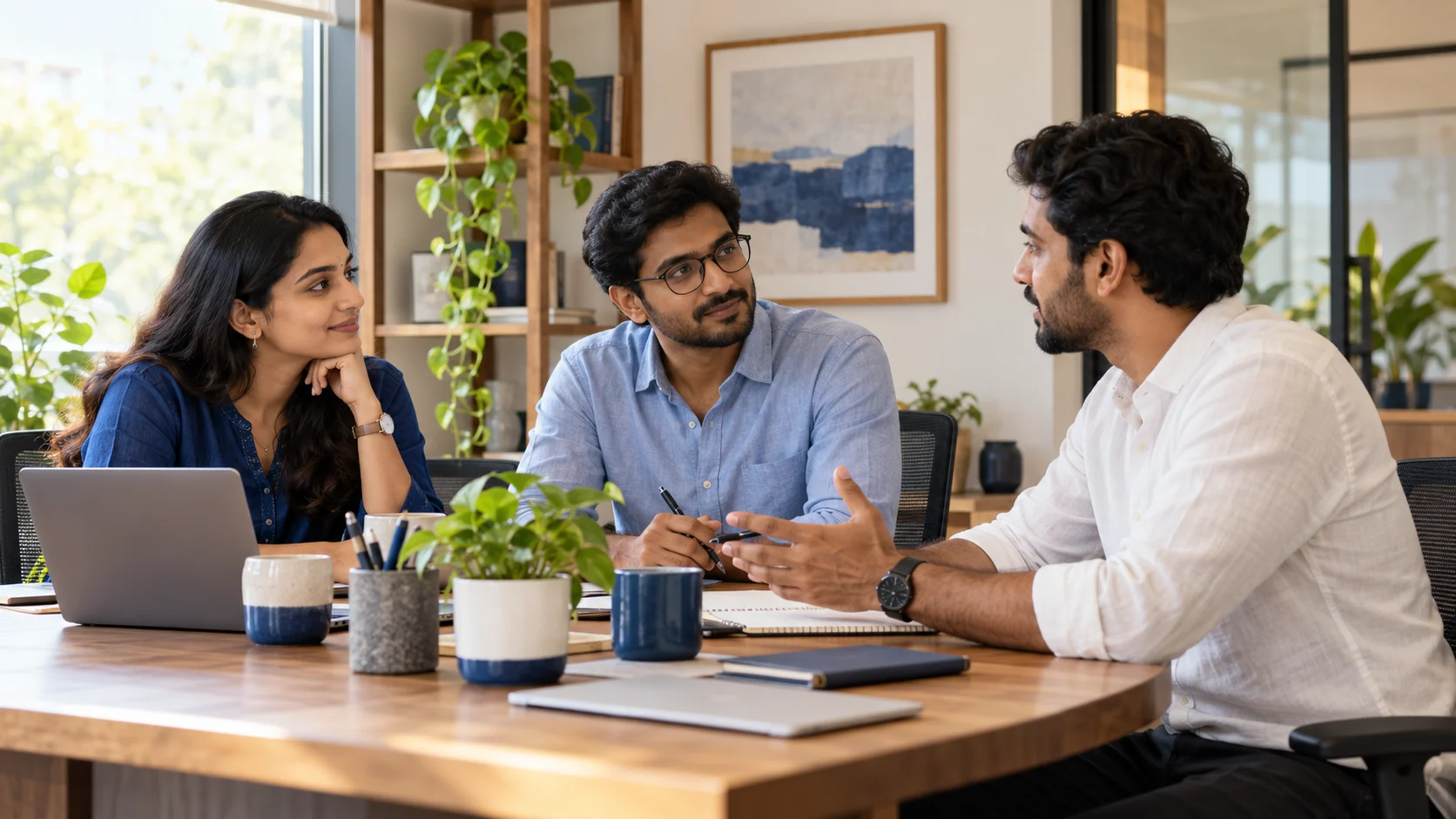 Illustrative scene of three Indian sales colleagues discussing ownership and next steps around an office table.