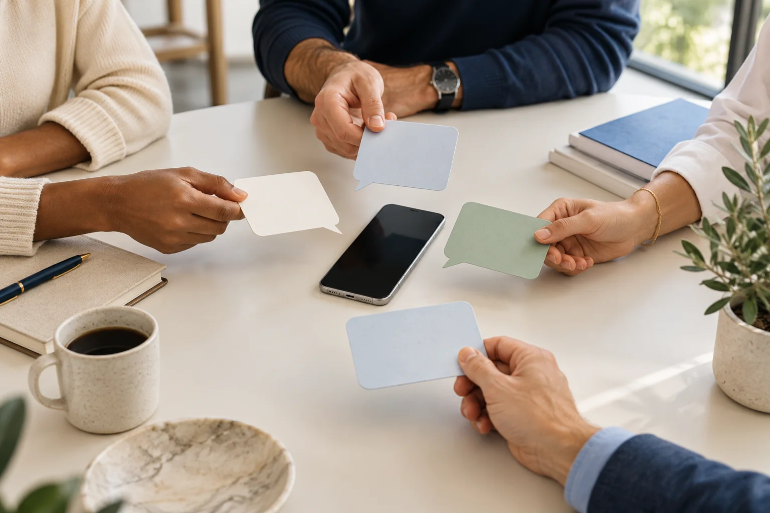 Conceptual illustration of conversation cards gathered around a smartphone.