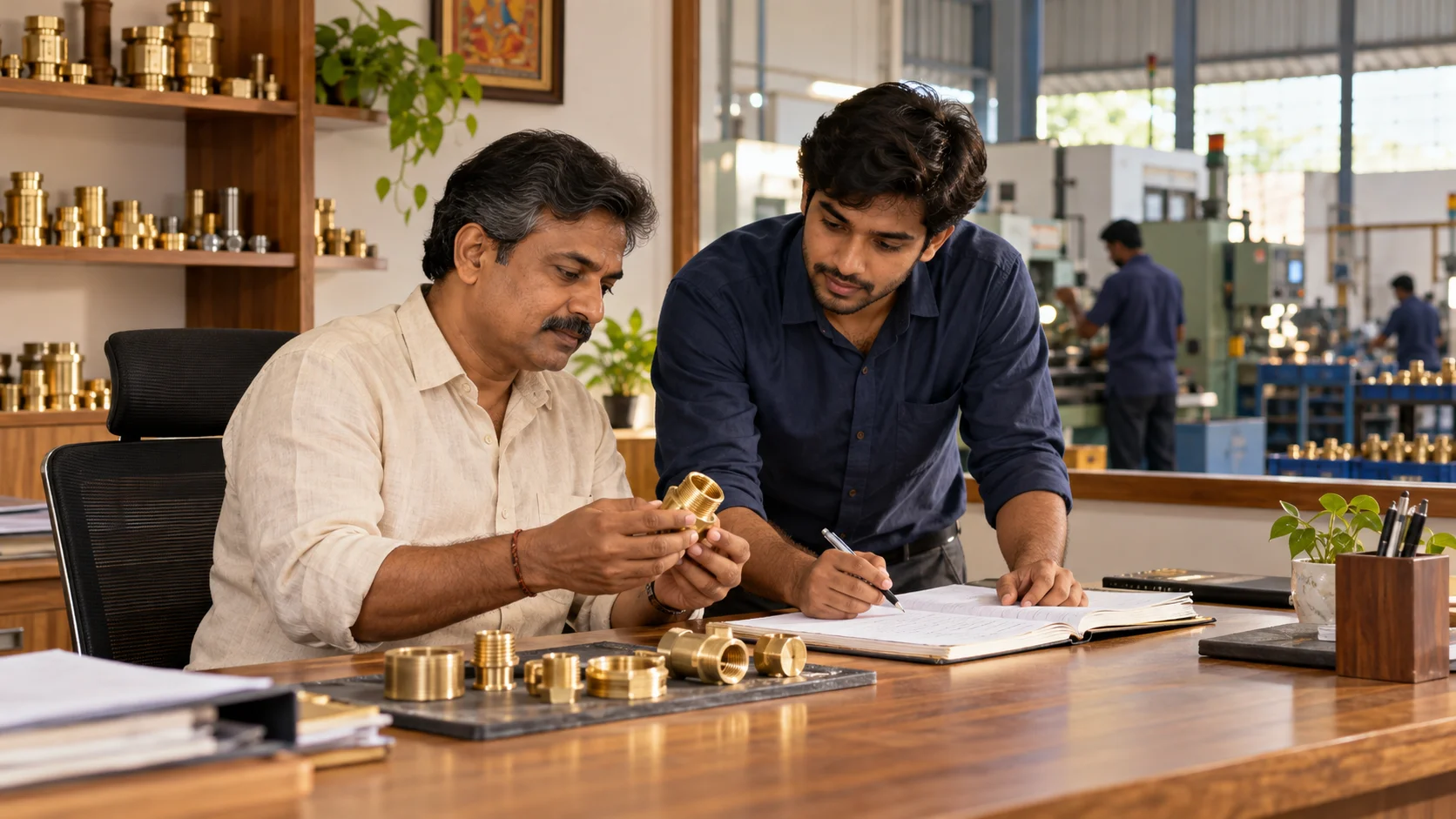 Illustrative scene of a manufacturing business owner and colleague reviewing brass fittings and an enquiry notebook.