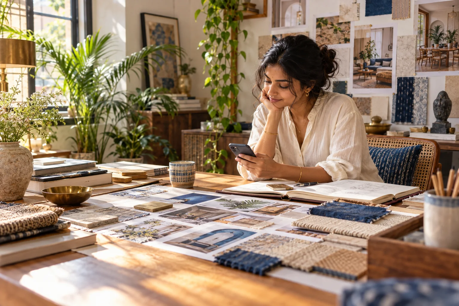 Illustrative interior designer reviewing an earlier project moodboard while writing a phone message.