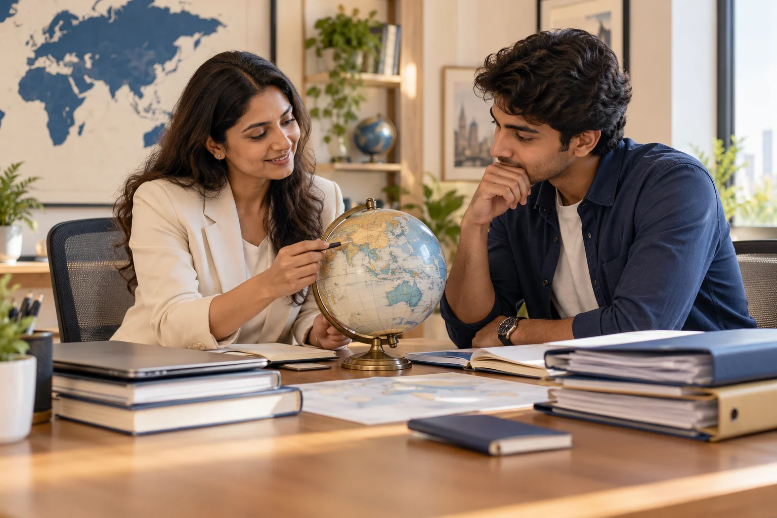 Illustrative scene: Study abroad counsellor discussing options with an adult student.