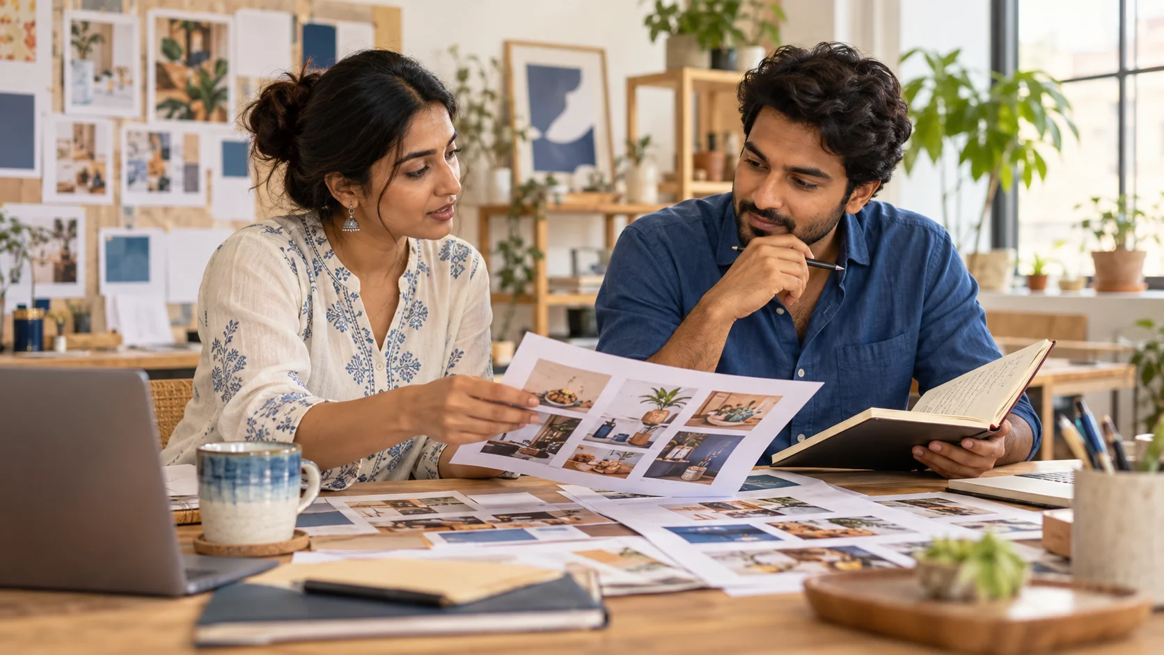Illustrative scene of two Indian marketing colleagues discussing campaign creative and customer questions.