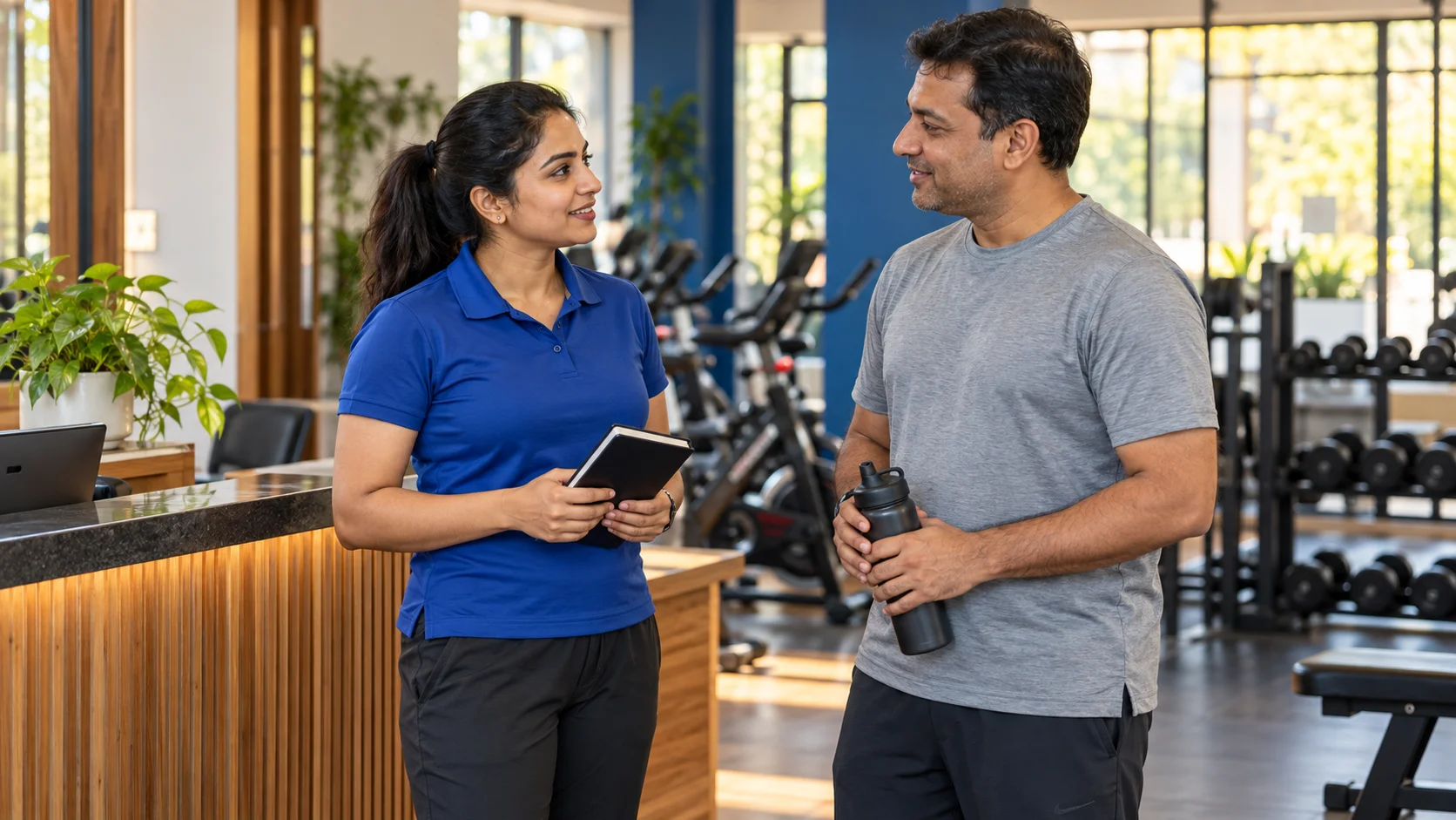 Illustrative scene of an Indian trainer welcoming a new gym visitor beside the reception area before a trial session.
