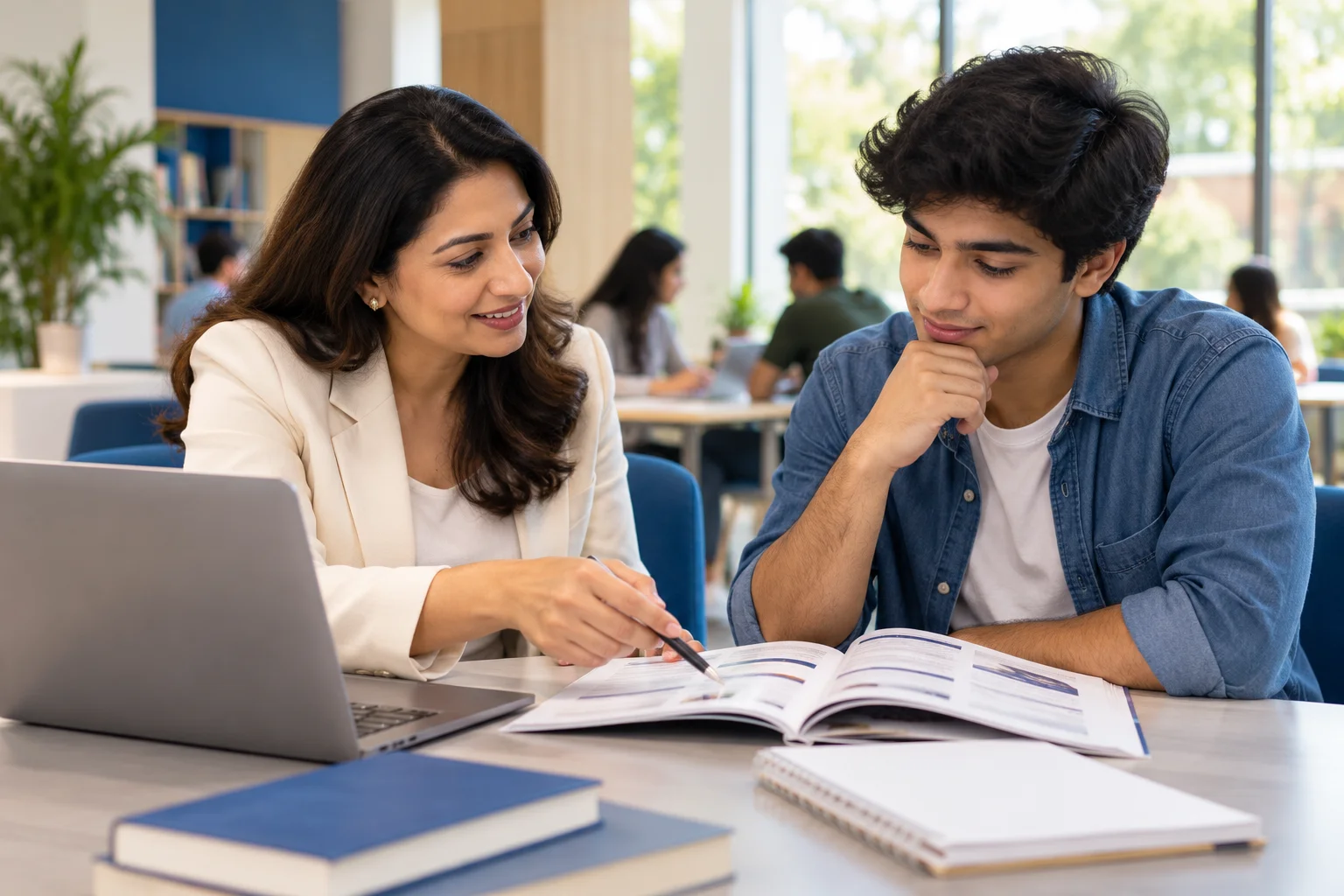 Fictional training institute counsellor discussing course options with an adult learner.