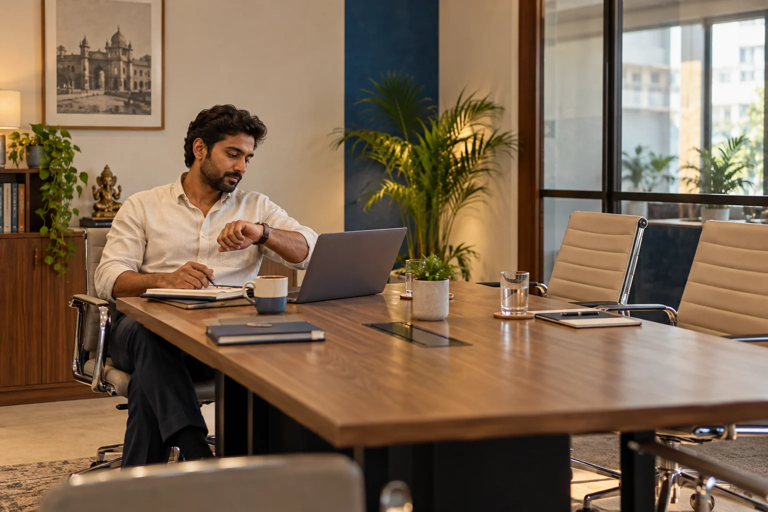 Illustrative sales consultant waiting in a meeting room with two empty chairs.