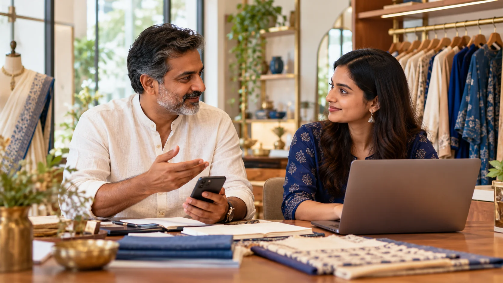 Illustrative scene of an Indian business owner with a smartphone discussing continuity with a colleague at a laptop.