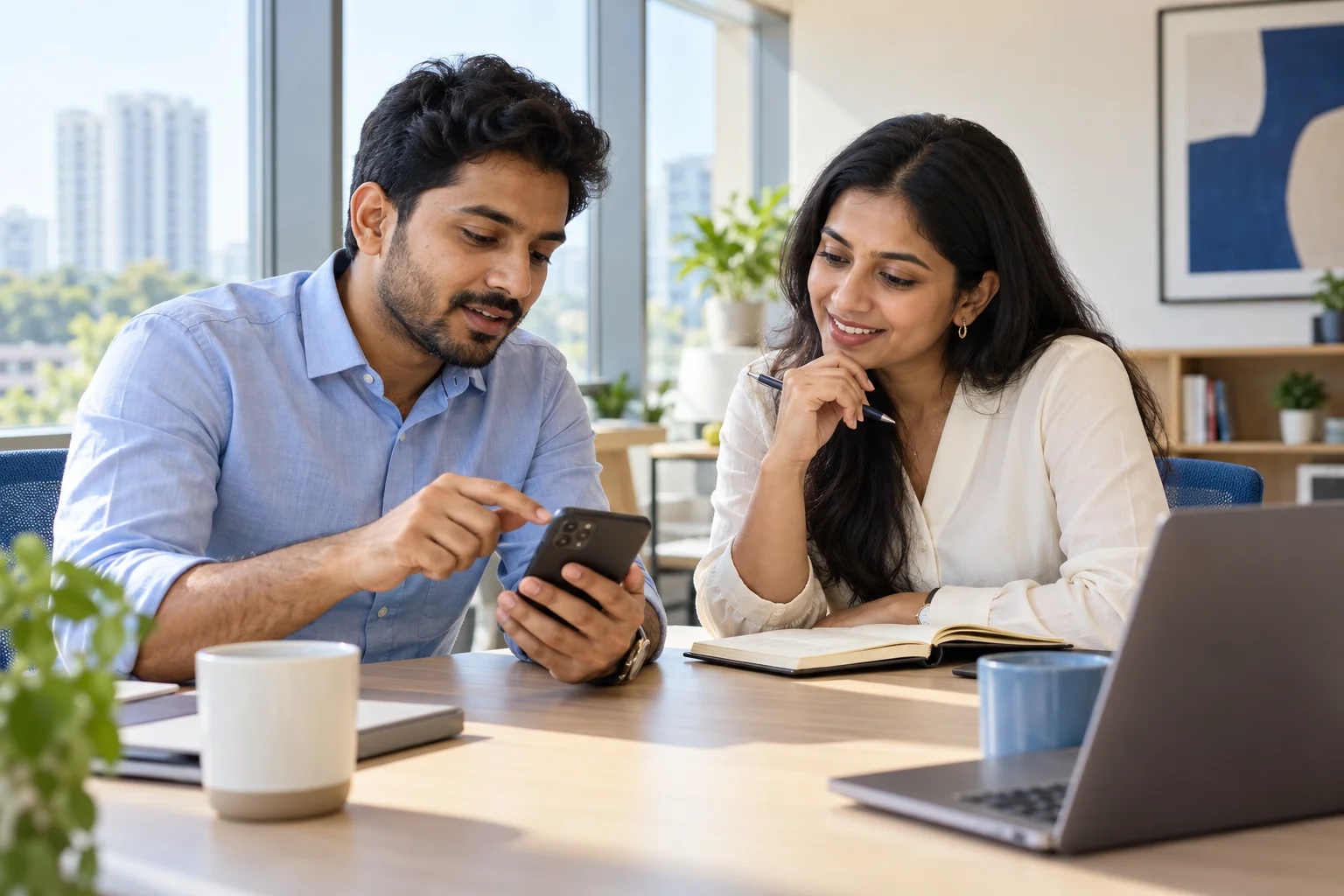 Two fictional sales colleagues comparing call notes and conversation workflows.