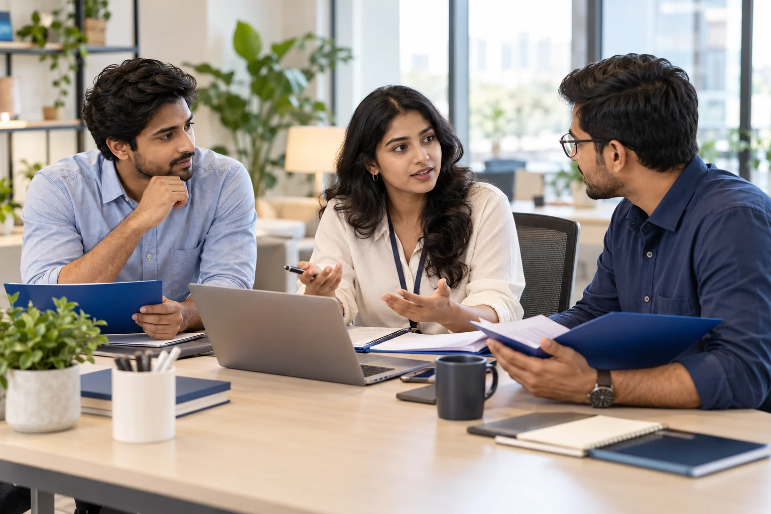 Illustrative sales colleagues discussing customer ownership around a shared desk.