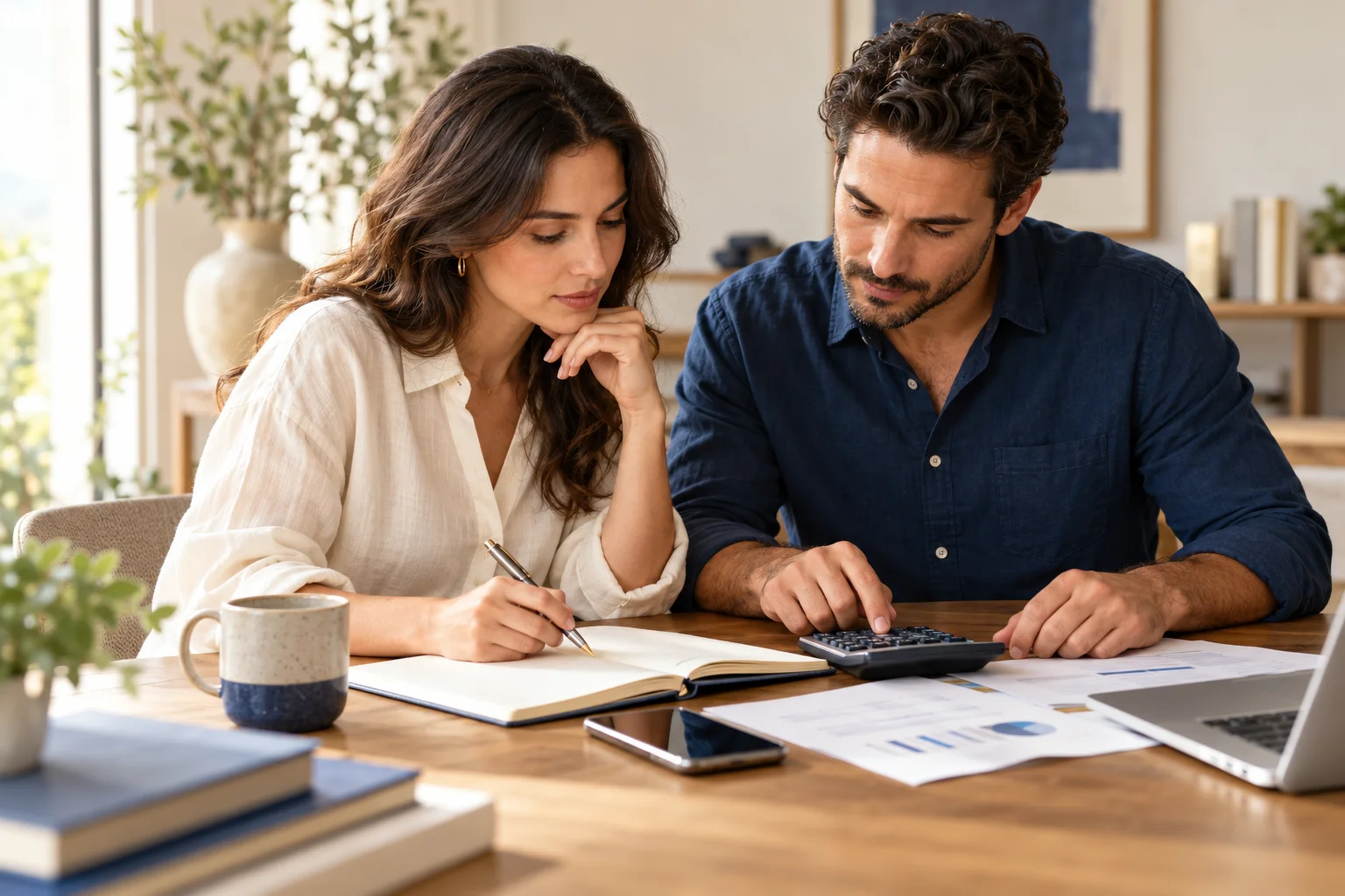 Illustrative scene: Business colleagues reviewing a notebook and calculator.