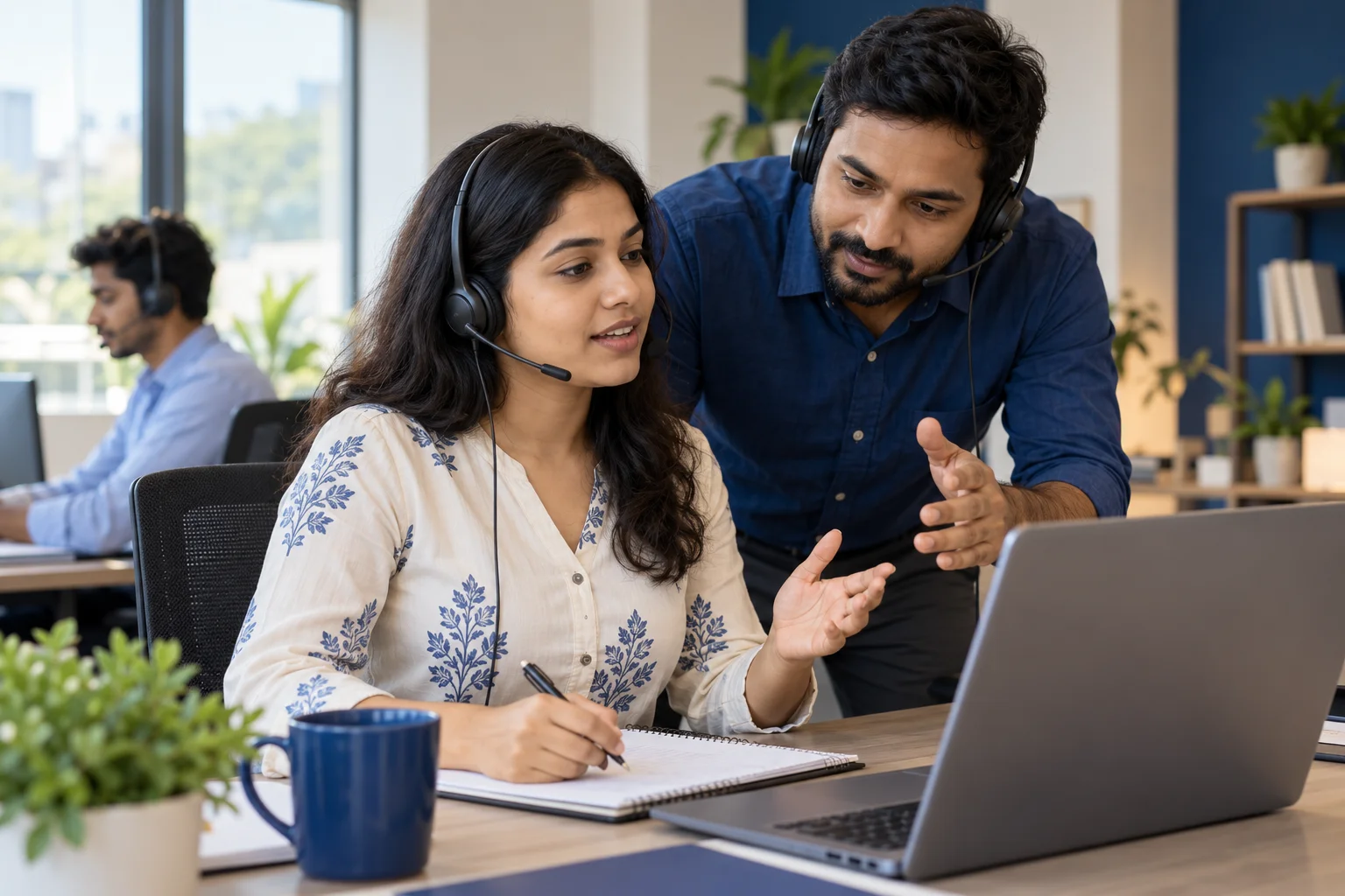 Illustrative sales supervisor coaching a colleague during a phone call.