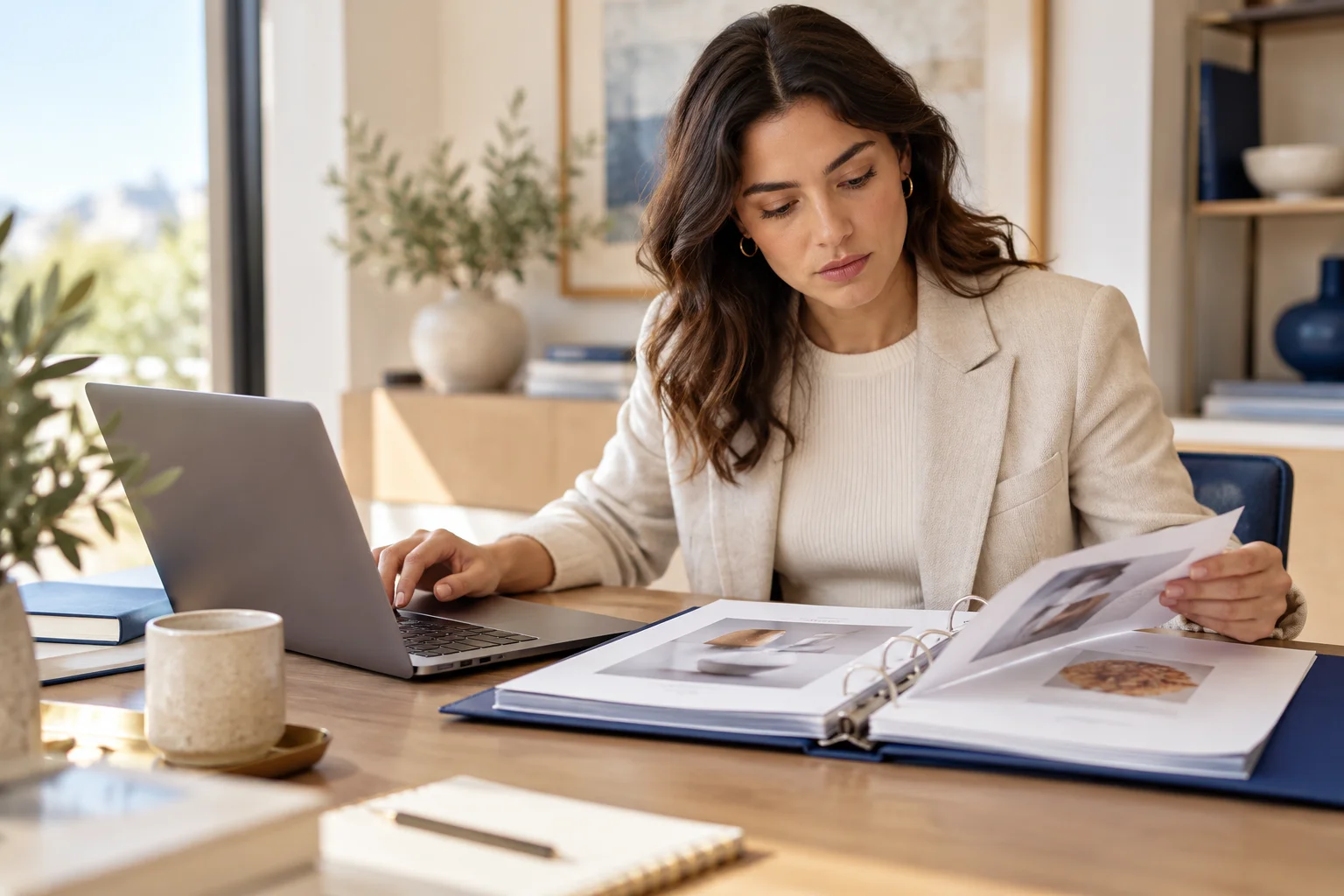 Illustrative scene: Operations specialist checking a product binder against a laptop.