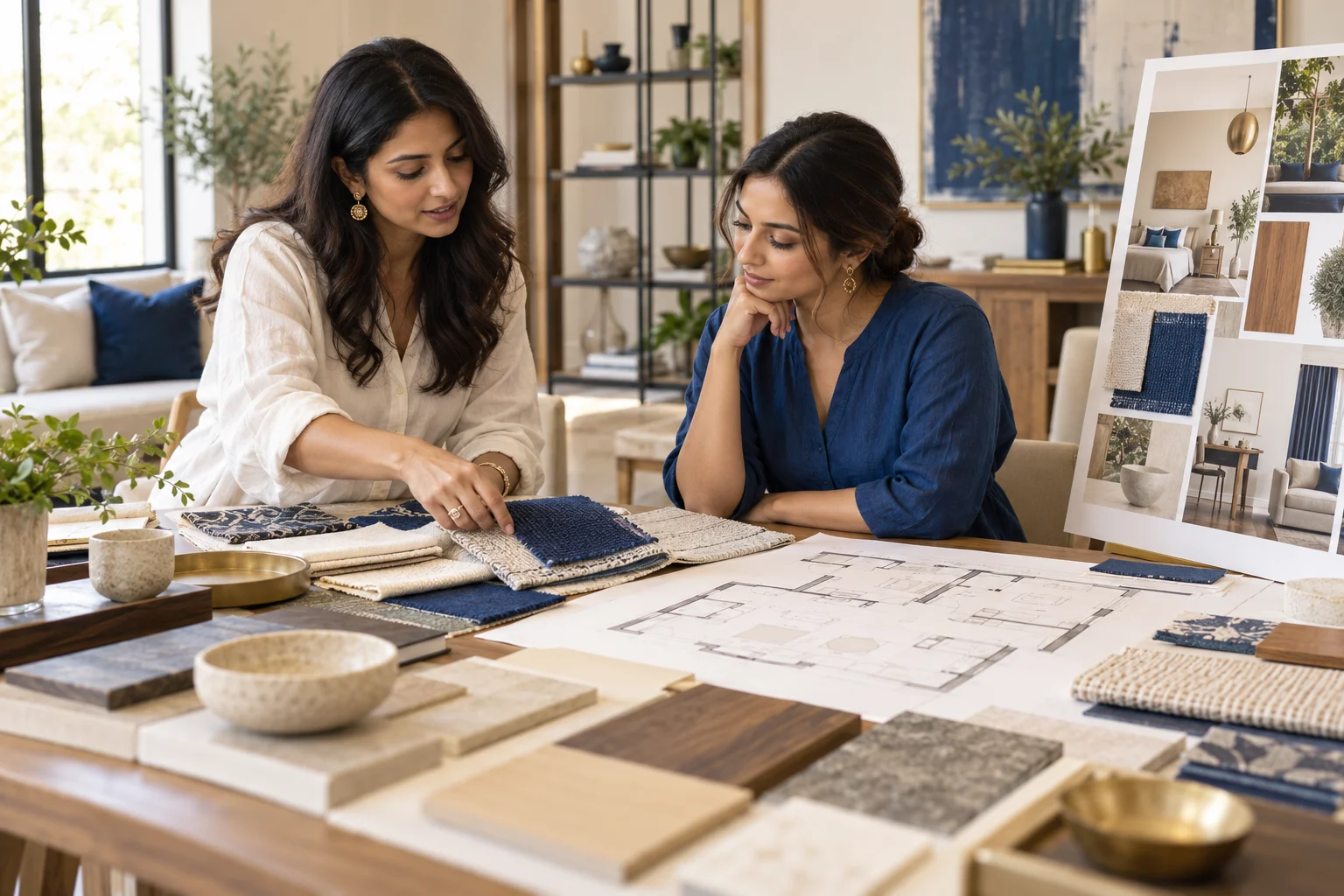 Illustrative scene: Interior designer reviewing fabric samples and plans with a client.