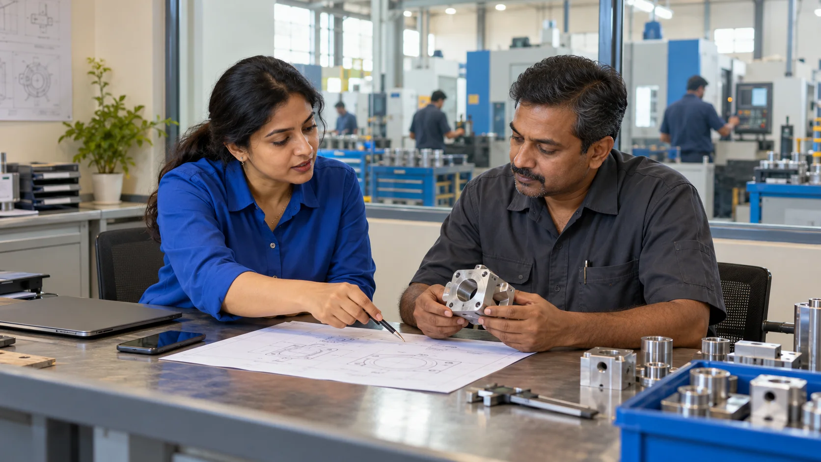 Illustrative scene of an Indian sales coordinator and production engineer reviewing a component and drawing in a workshop office.