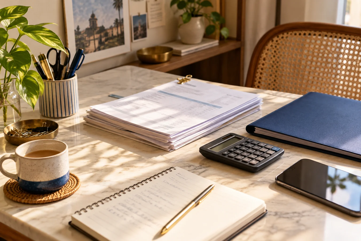 Illustrative accounts desk with invoices, a calculator, phone and blue folder.
