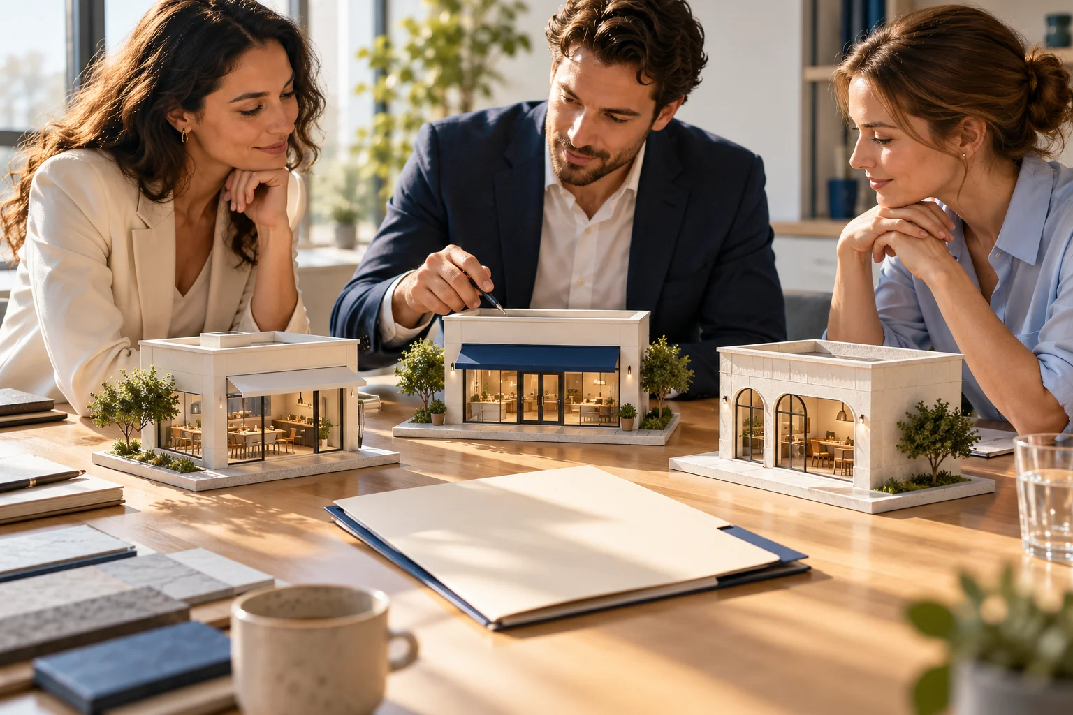 Illustrative scene: Colleagues reviewing three model storefronts around a customer folder.